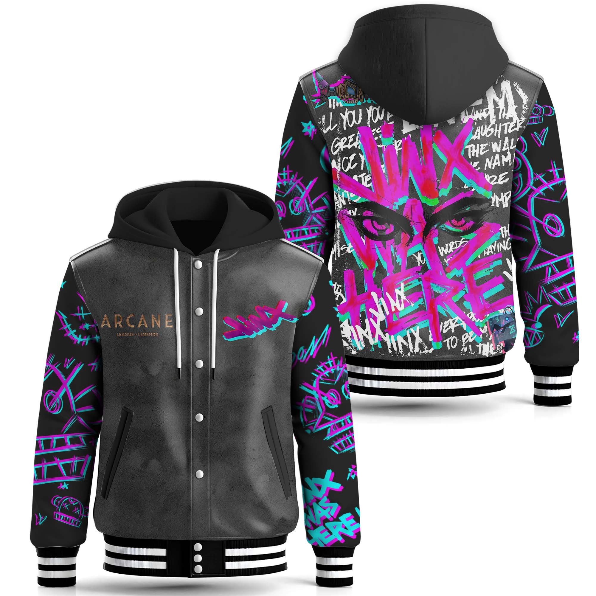 Jinx Arcane Games Style Leather Baseball Jacket With Hooded For Fans