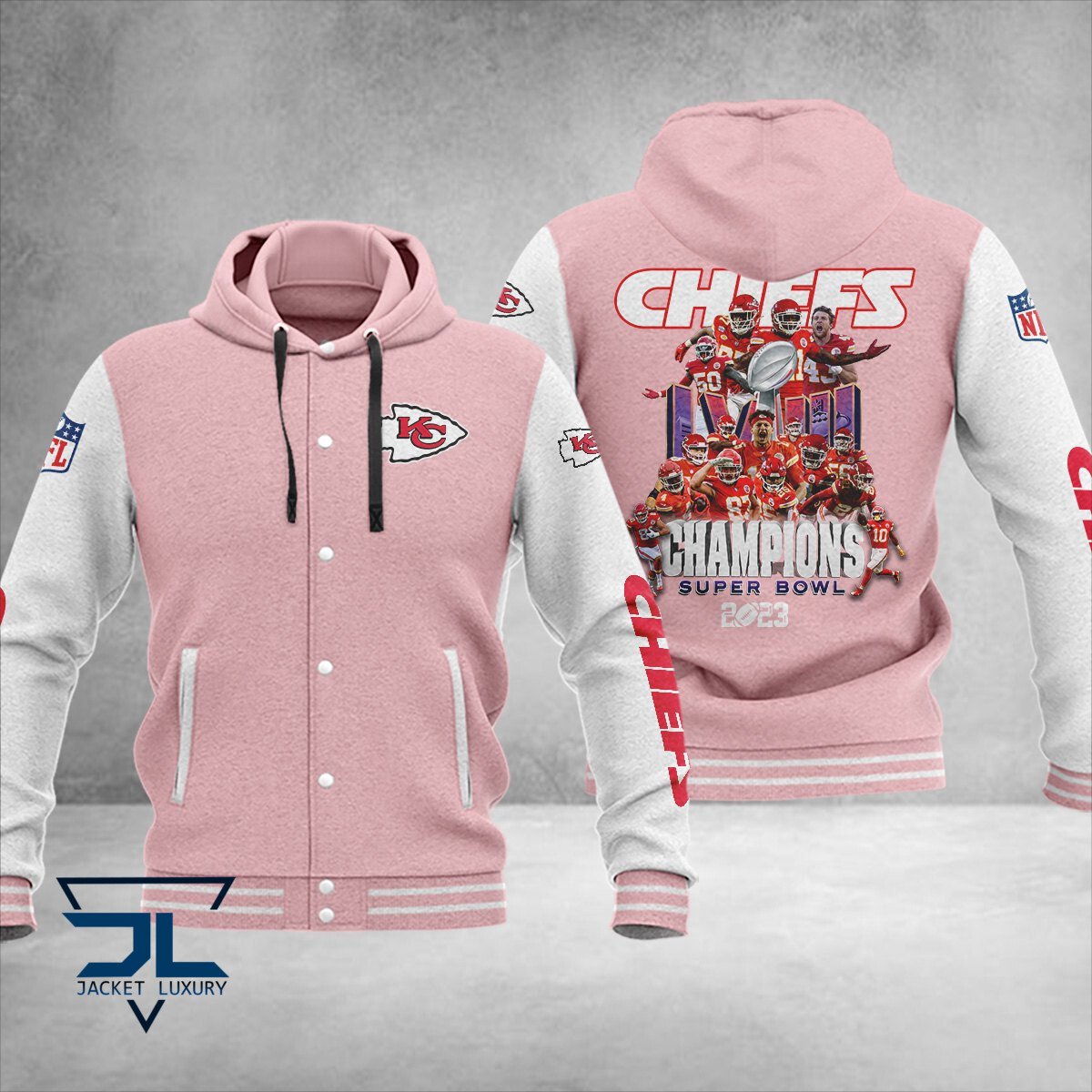 Kansas City Chiefs Super Bowl LVIII Champions NFL Style Hooded Baseball Jacket For Fan