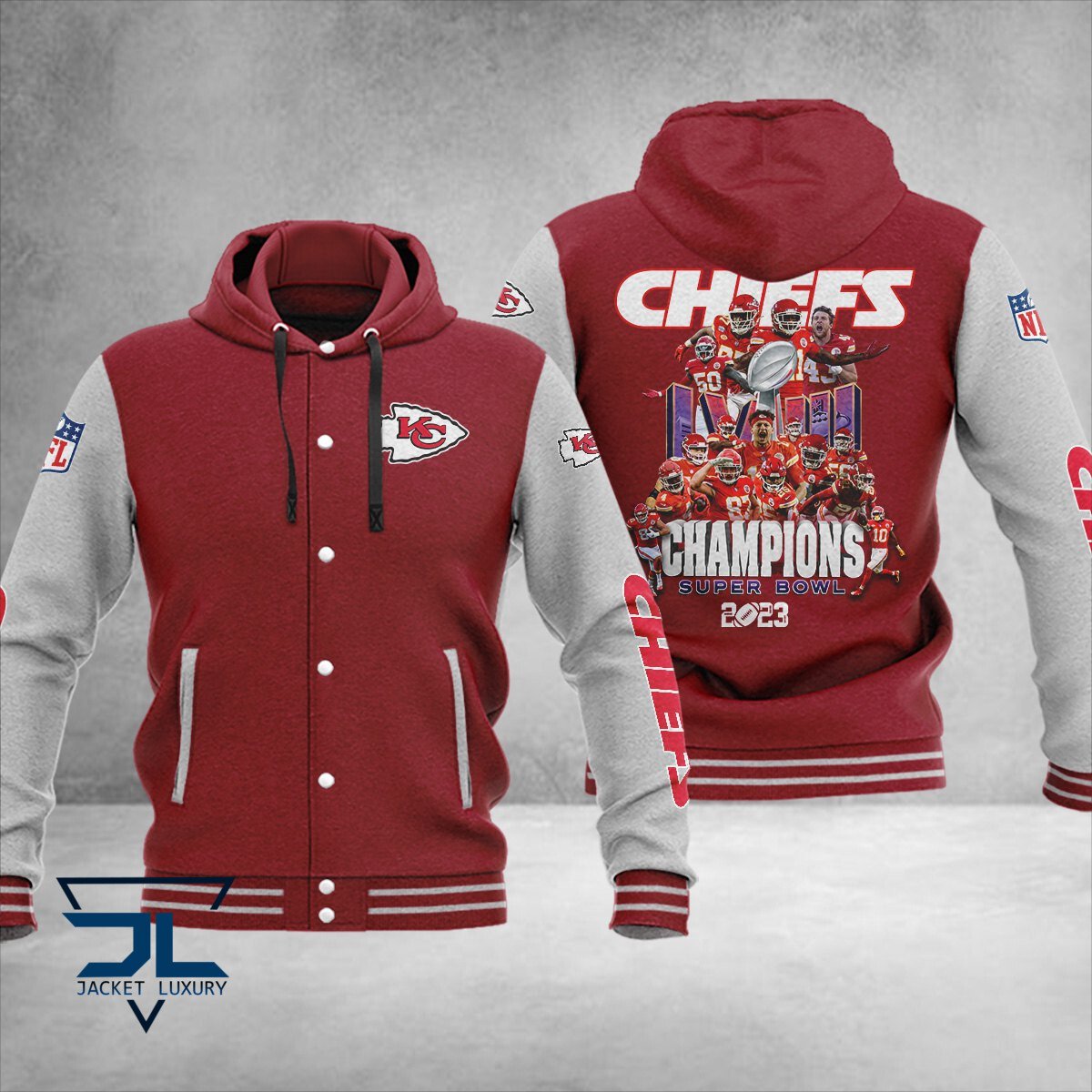 Kansas City Chiefs Super Bowl LVIII Champions NFL Style Hooded Baseball Jacket For Fan