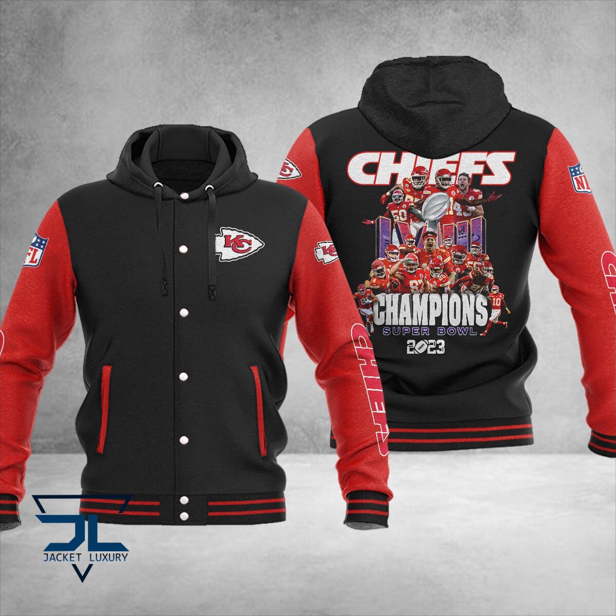 Kansas City Chiefs Super Bowl LVIII Champions NFL Style Hooded Baseball Jacket For Fan