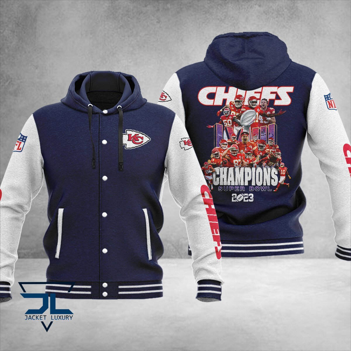 Kansas City Chiefs Super Bowl LVIII Champions NFL Style Hooded Baseball Jacket For Fan