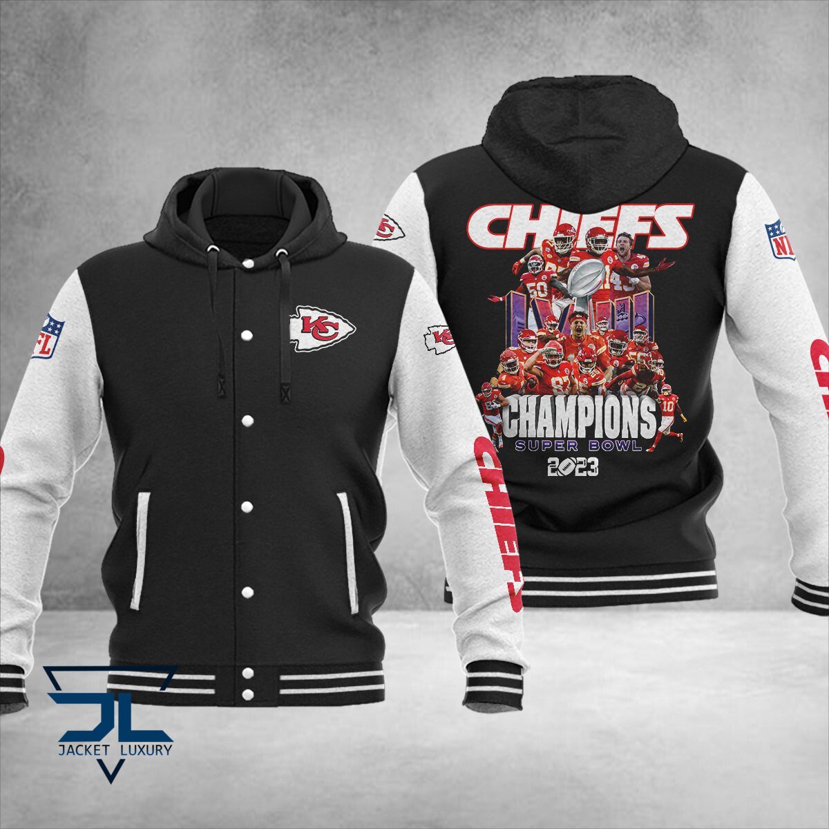 Kansas City Chiefs Super Bowl LVIII Champions NFL Style Hooded Baseball Jacket For Fan