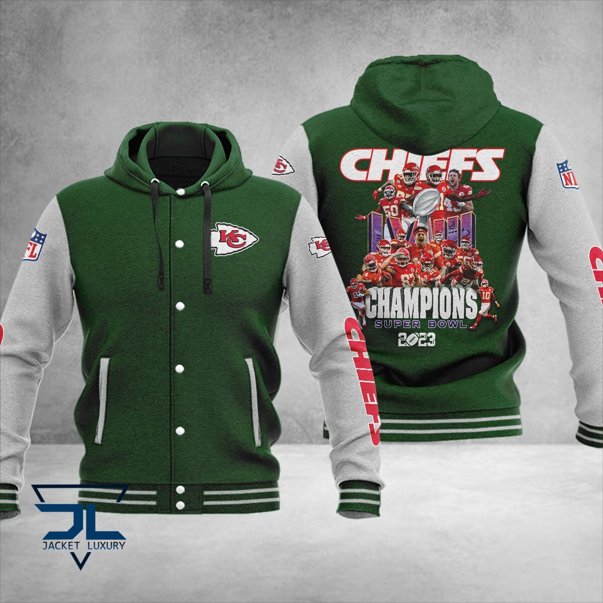 Kansas City Chiefs Super Bowl LVIII Champions NFL Style Hooded Baseball Jacket For Fan
