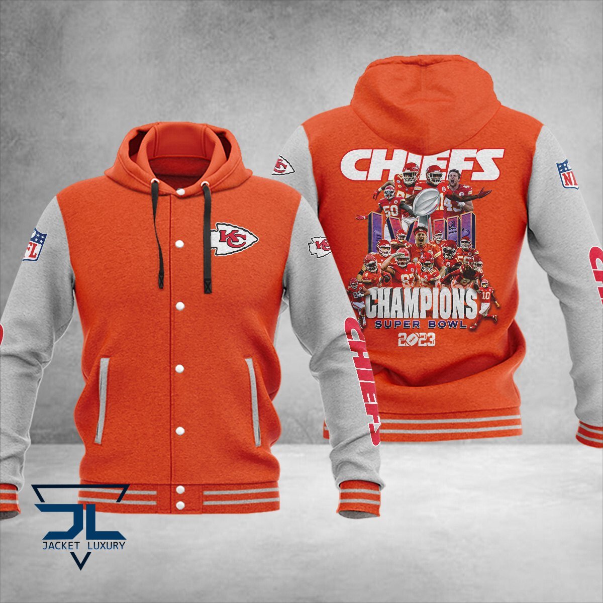 Kansas City Chiefs Super Bowl LVIII Champions NFL Style Hooded Baseball Jacket For Fan