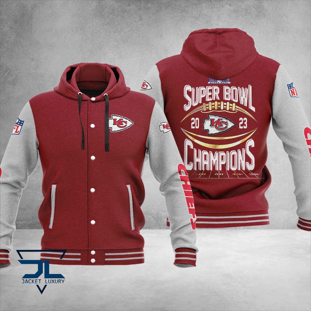 Kansas City Chiefs Super Bowl LVIII Champions NFL Style Hooded Baseball Jacket For Fan