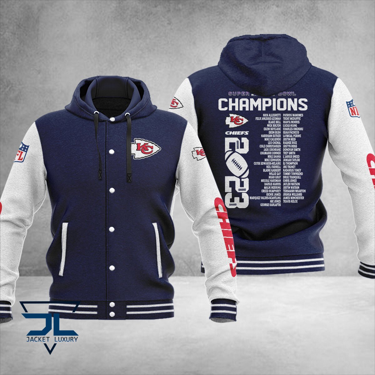 Kansas City Chiefs Super Bowl LVIII Champions NFL Style Hooded Baseball Jacket For Fan