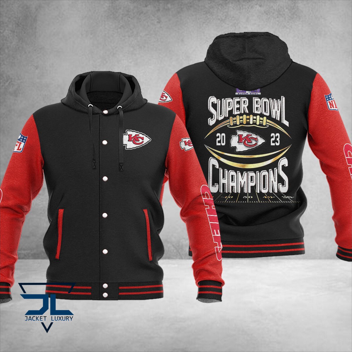 Kansas City Chiefs Super Bowl LVIII Champions NFL Style Hooded Baseball Jacket For Fan