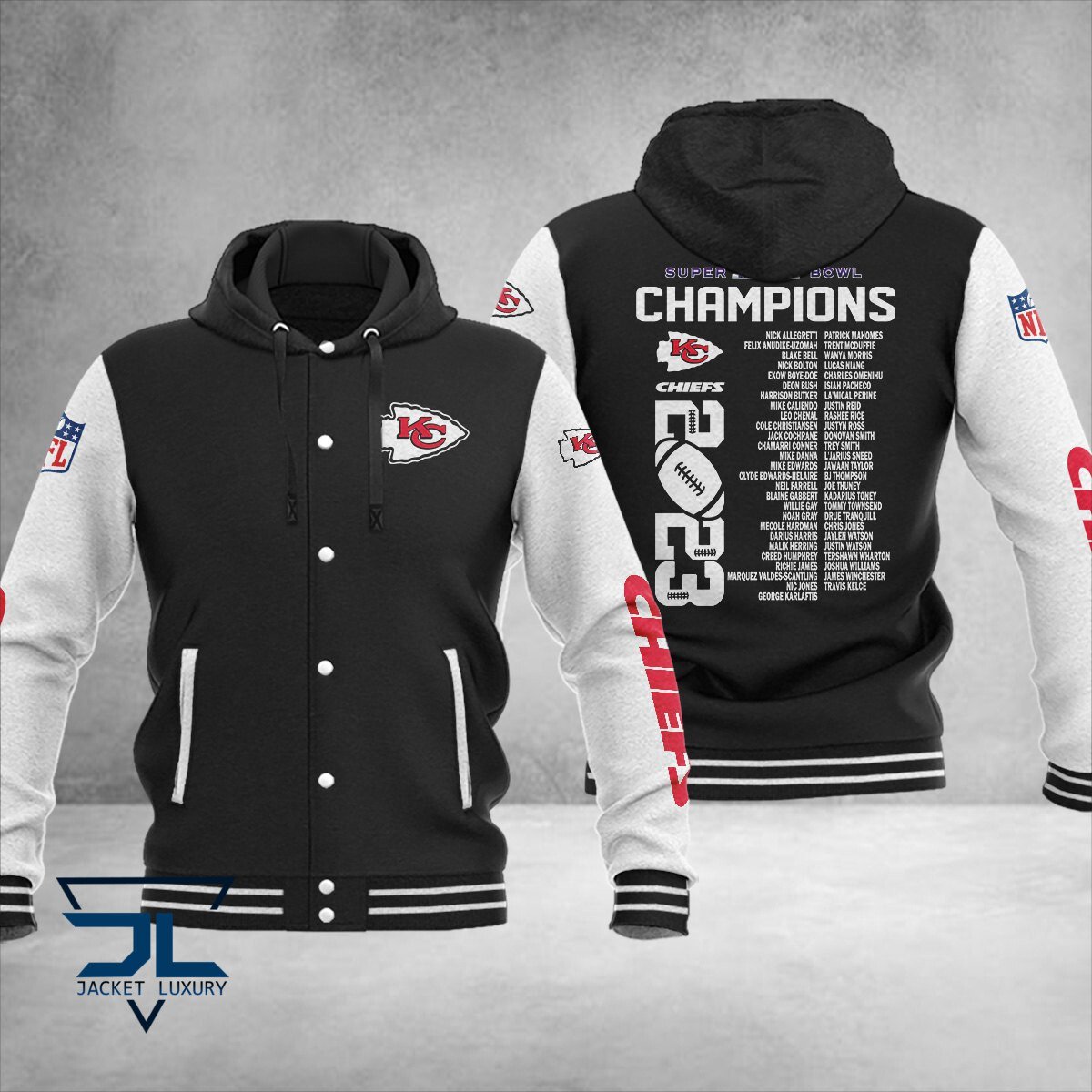 Kansas City Chiefs Super Bowl LVIII Champions NFL Style Hooded Baseball Jacket For Fan