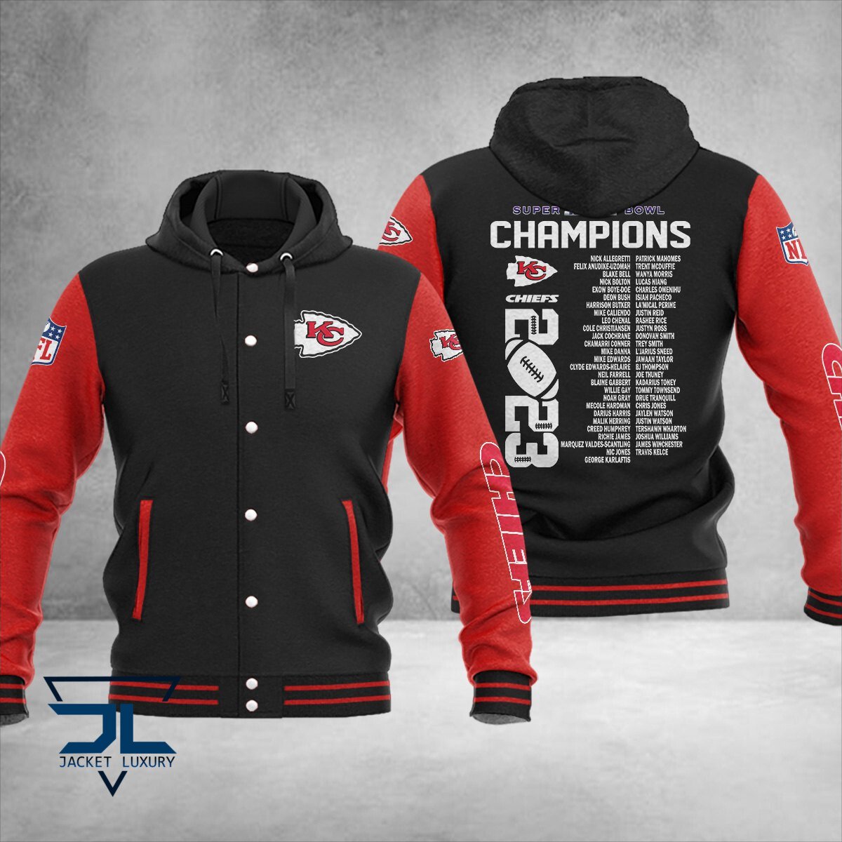 Kansas City Chiefs Super Bowl LVIII Champions NFL Style Hooded Baseball Jacket For Fan