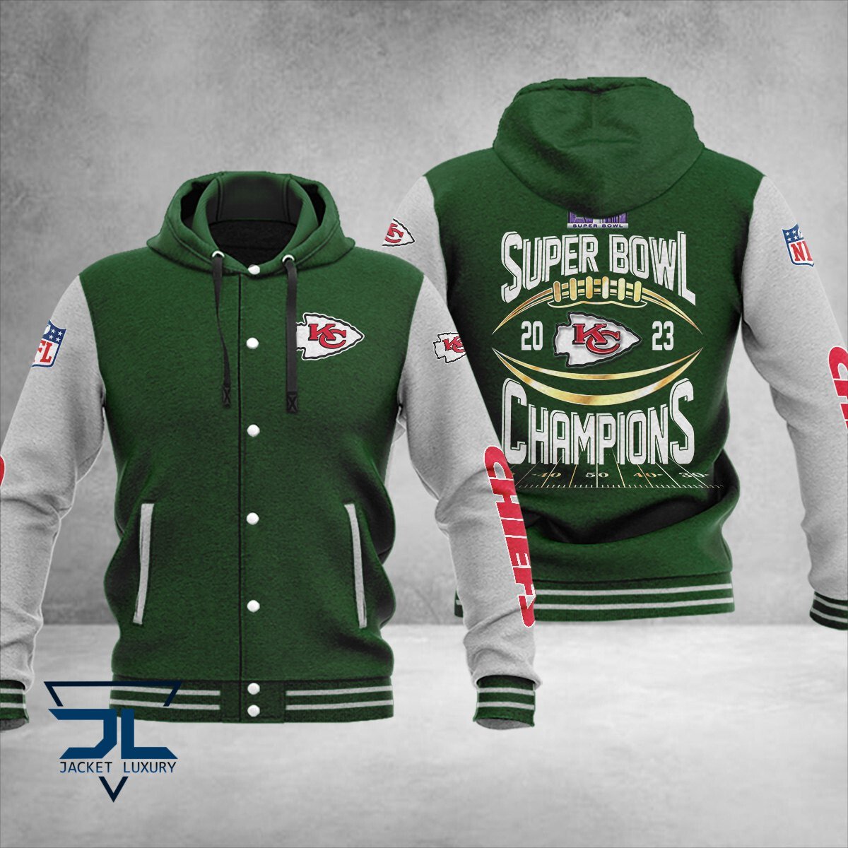 Kansas City Chiefs Super Bowl LVIII Champions NFL Style Hooded Baseball Jacket For Fan