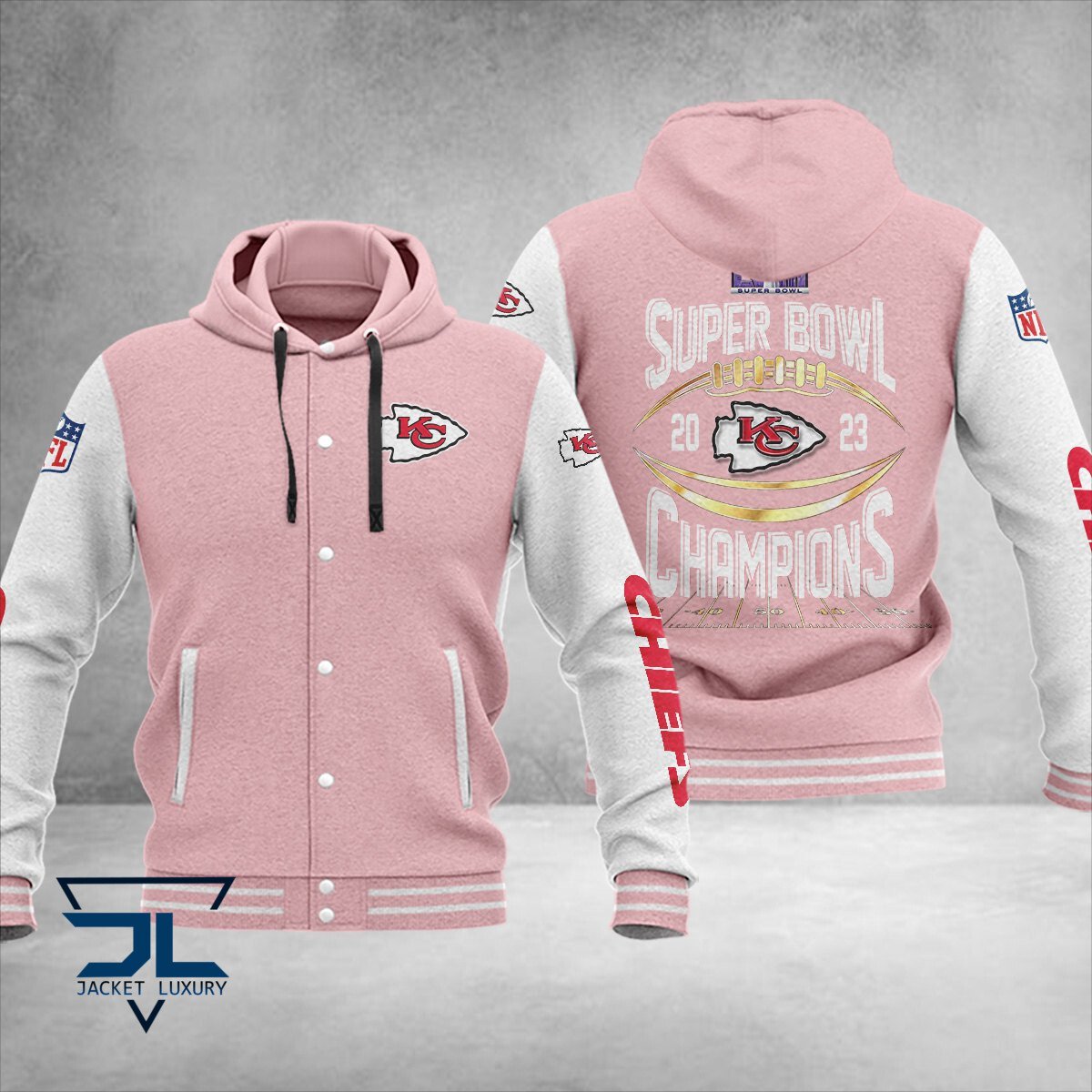 Kansas City Chiefs Super Bowl LVIII Champions NFL Style Hooded Baseball Jacket For Fan