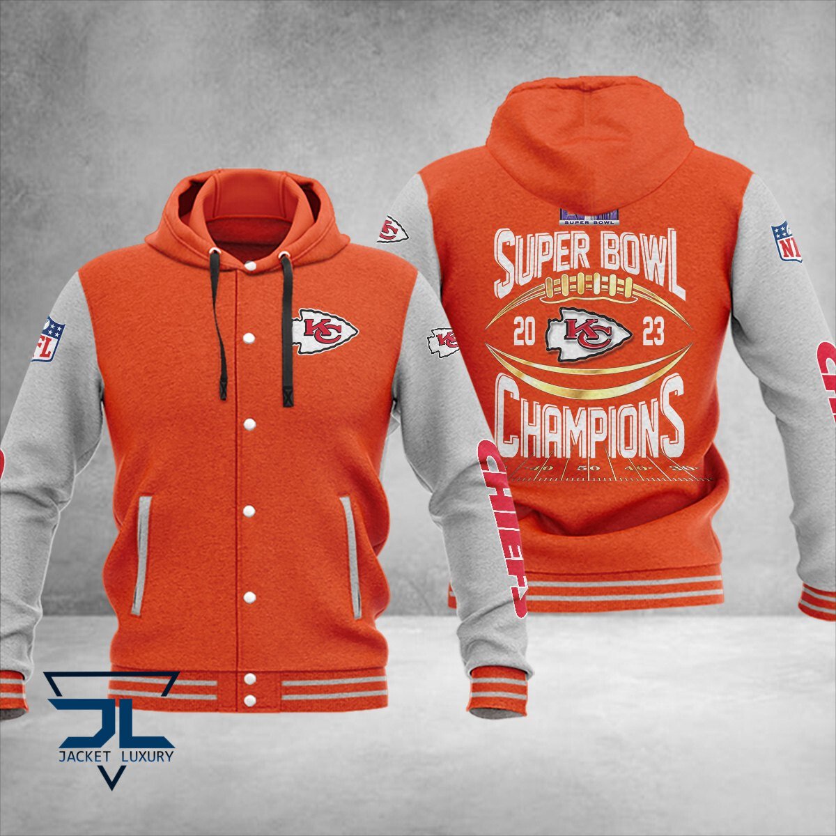 Kansas City Chiefs Super Bowl LVIII Champions NFL Style Hooded Baseball Jacket For Fan