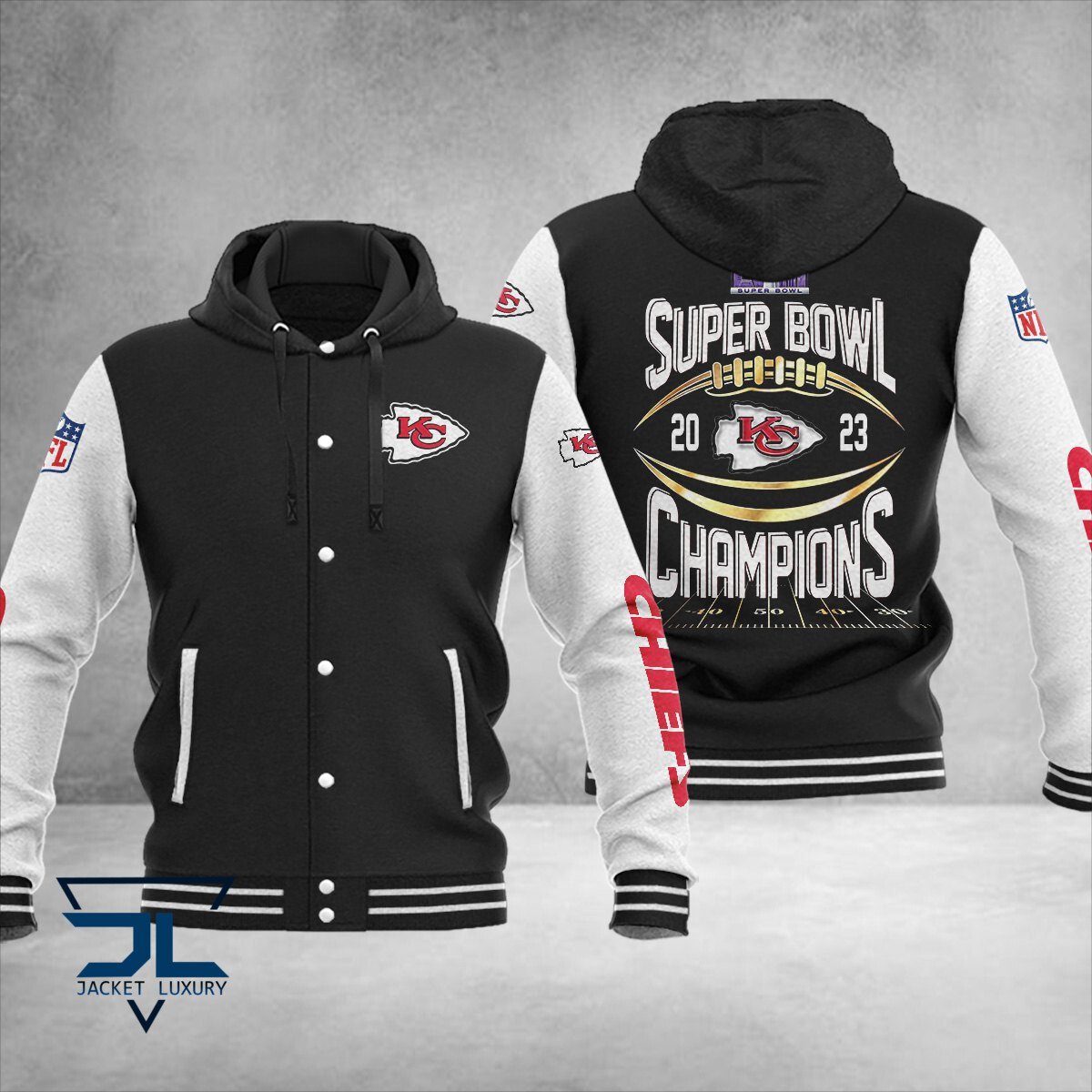 Kansas City Chiefs Super Bowl LVIII Champions NFL Style Hooded Baseball Jacket For Fan