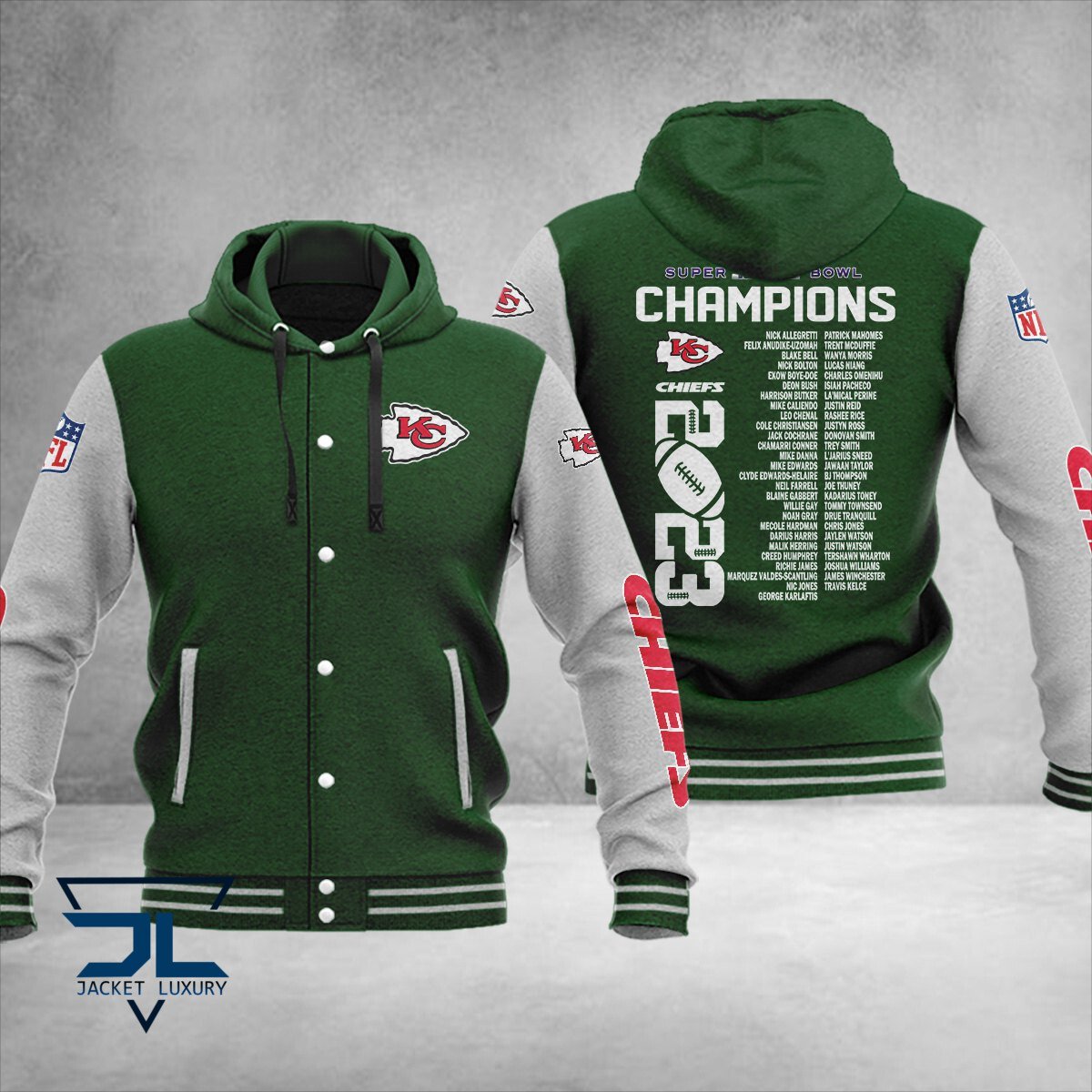 Kansas City Chiefs Super Bowl LVIII Champions NFL Style Hooded Baseball Jacket For Fan
