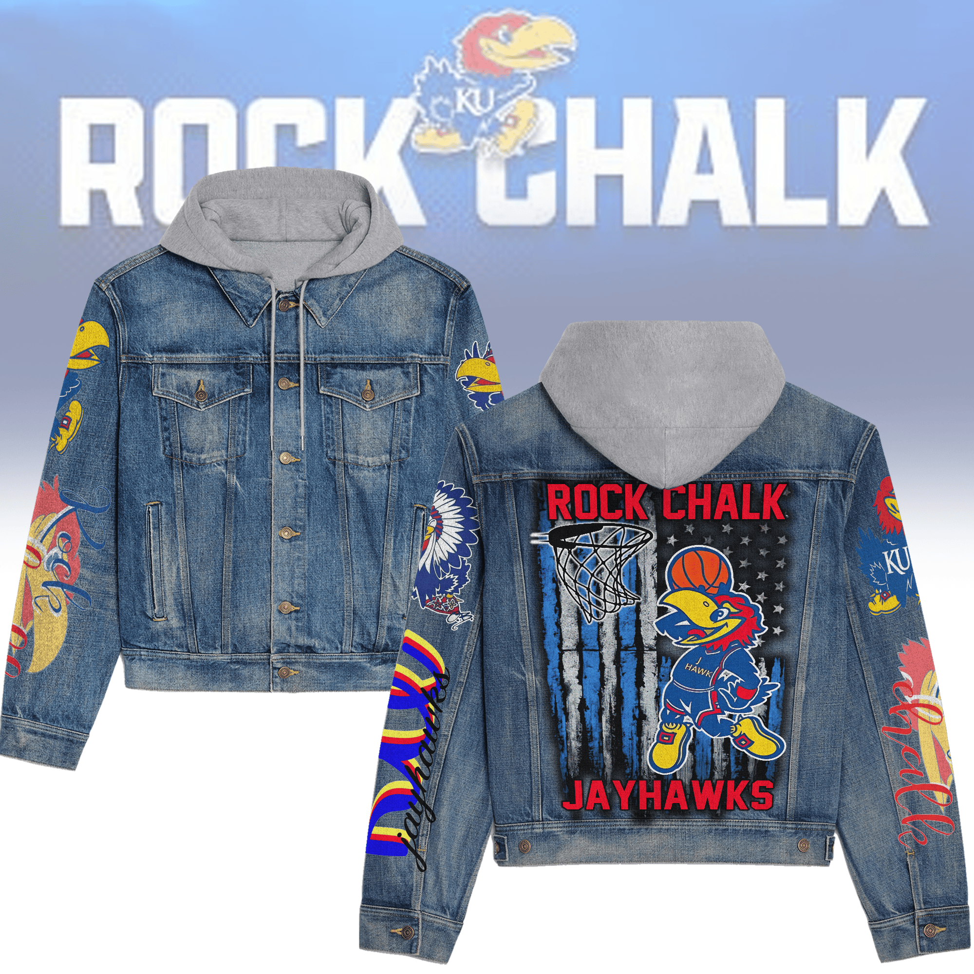 Kansas Jayhawks NCAA Style Hooded Denim Jacket For Fans