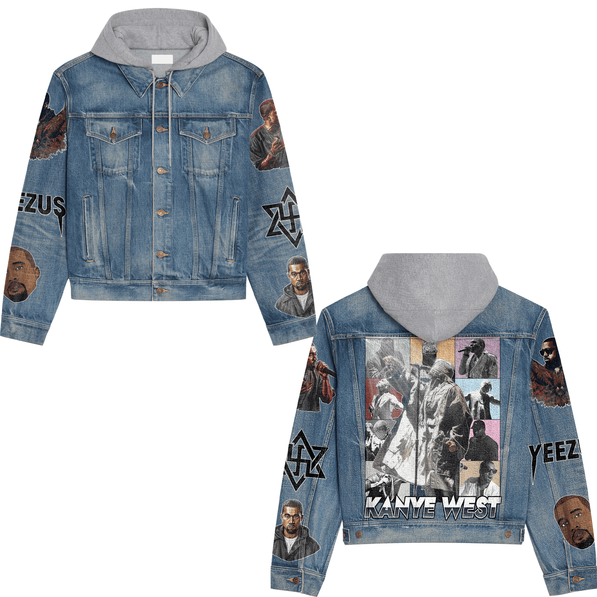 Kanye West Music Style Hooded Denim Jacket For Fans