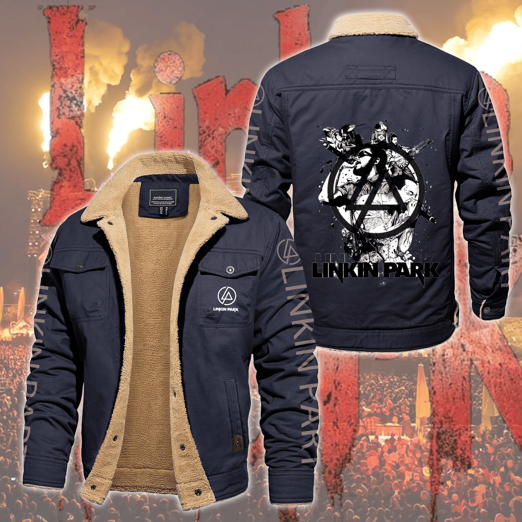 Linkin Park Music Style Fleece Thermal Cotton Jacket For Fans