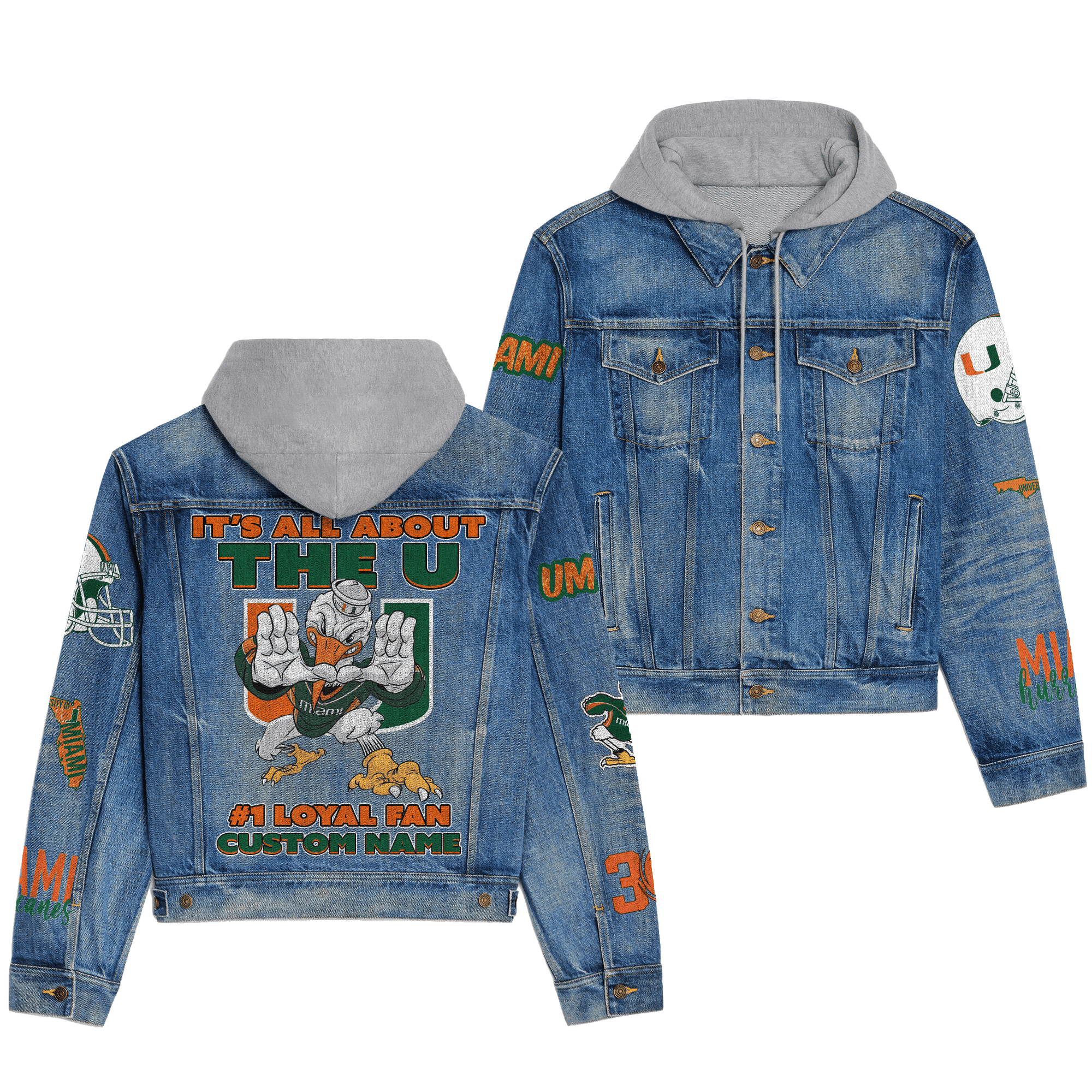 Miami Hurricanes NCAA Style Hooded Denim Jacket For Fans