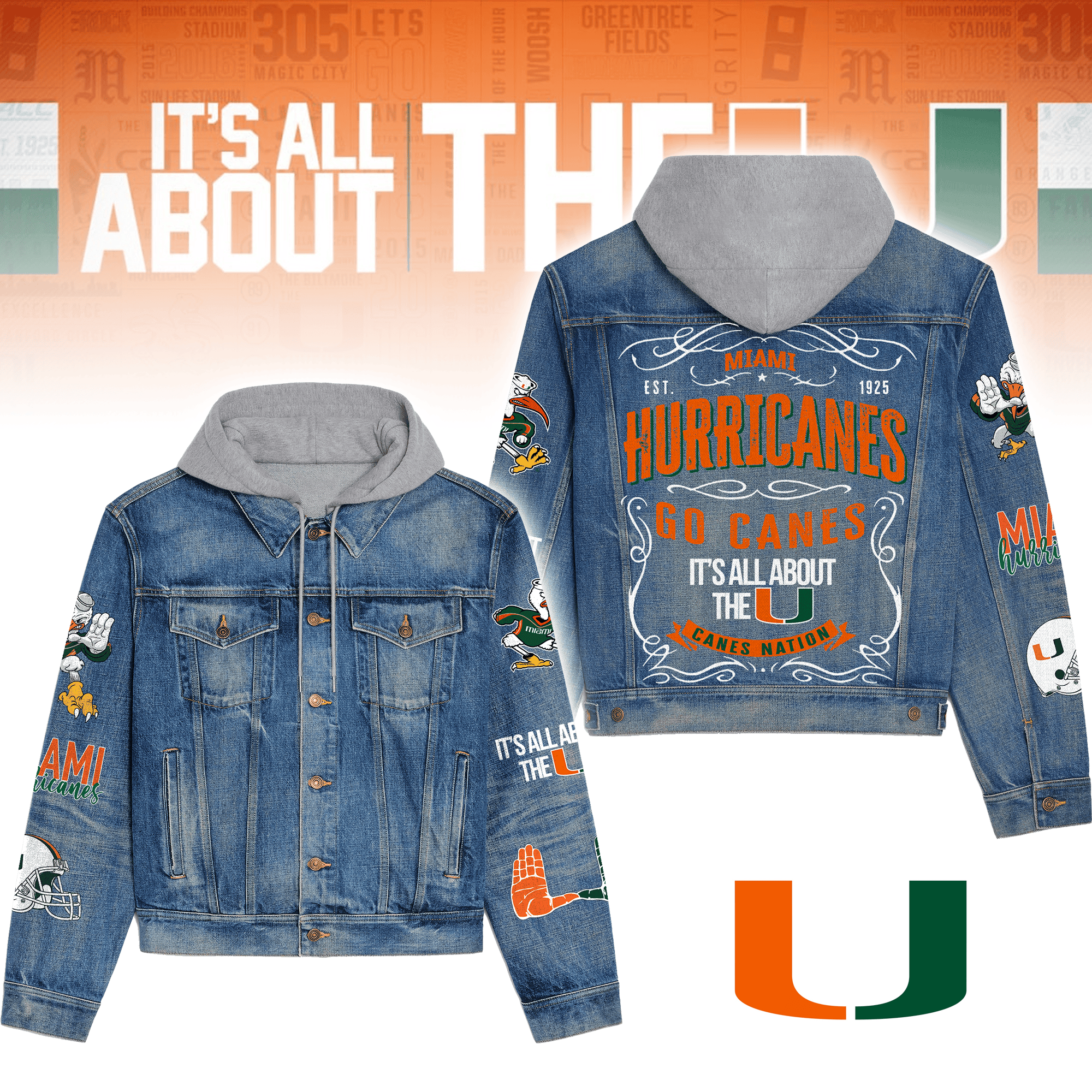 Miami Hurricanes NCAA Style Hooded Denim Jacket For Fans