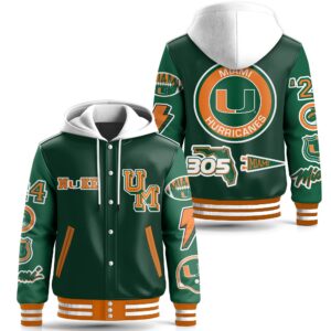 Miami Hurricanes NCAA Style Leather Baseball Jacket With Hooded For Fans