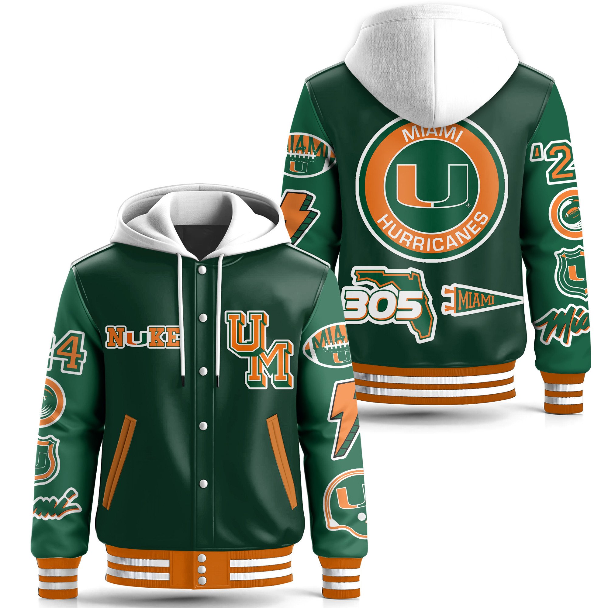 Miami Hurricanes NCAA Style Leather Baseball Jacket With Hooded For Fans