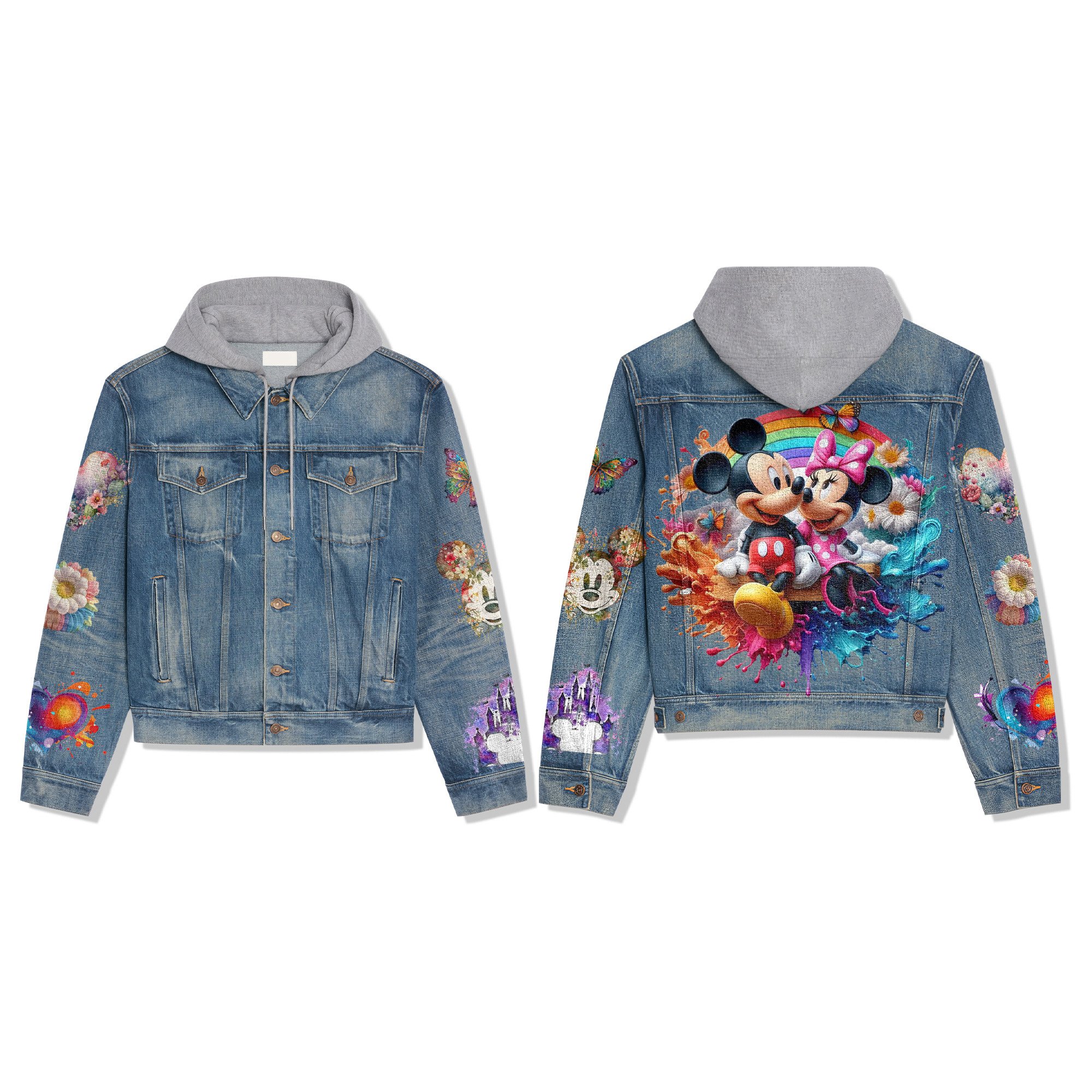 Mickey & Minnie Cartoon Style Hooded Denim Jacket For Fans