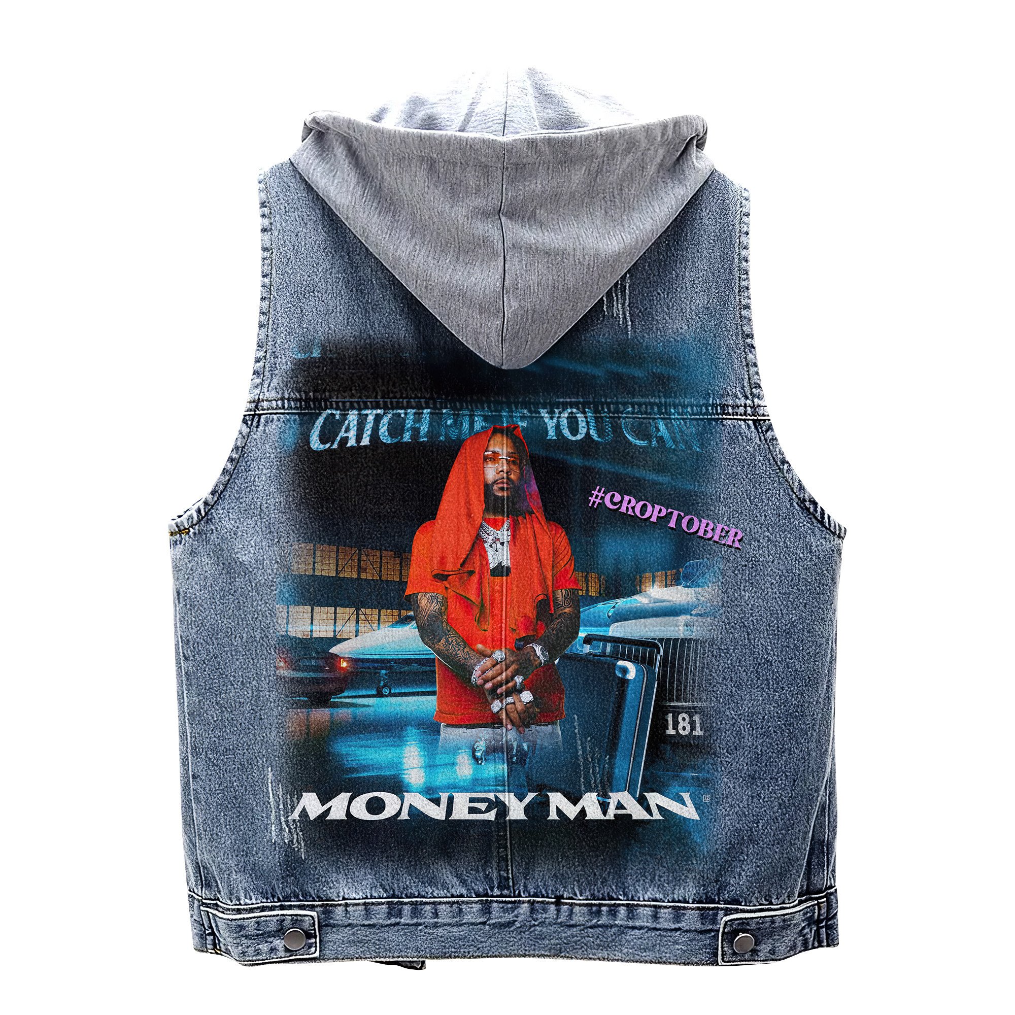 Money Man Music Style Hooded Sleeveless Denim Jacket For Fans