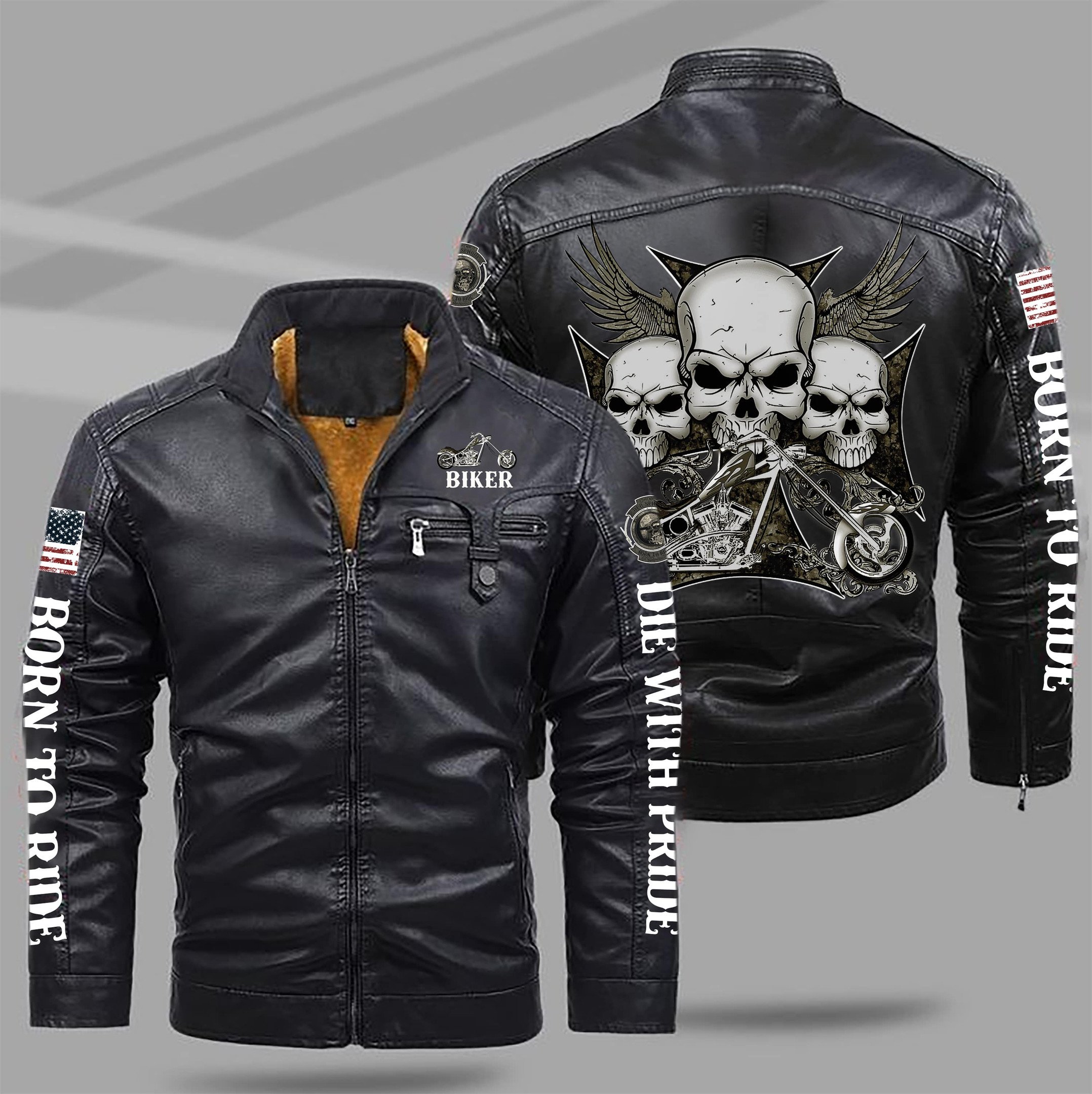 Motor Skull Style Fleece Lined Leather Jacket For Fans