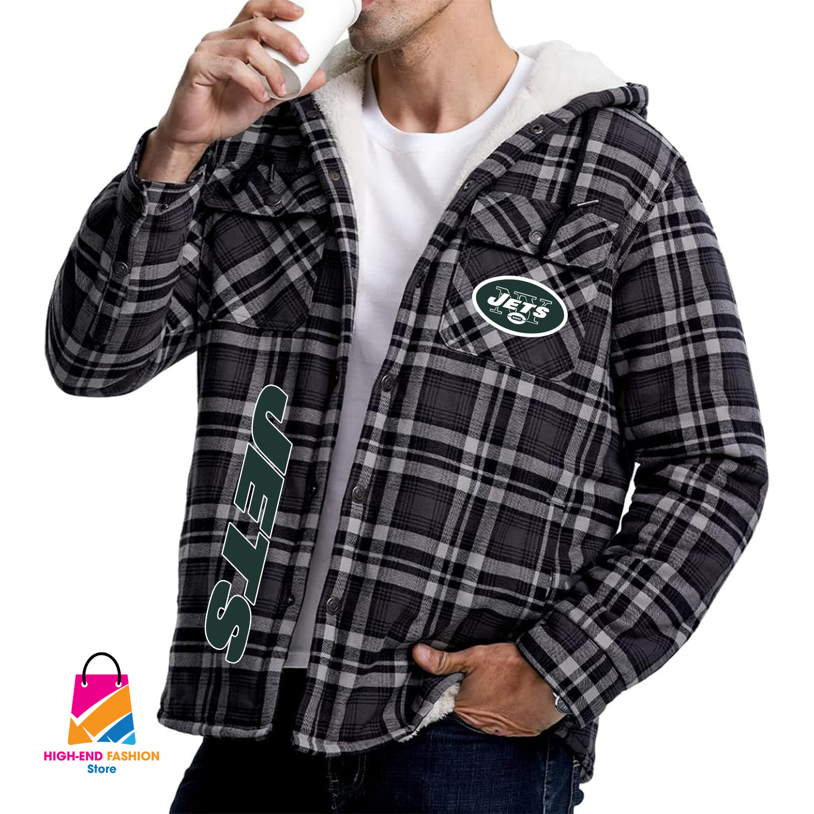 New York Jets NFL Style Zip Fleece Flannel Jacket For Fans