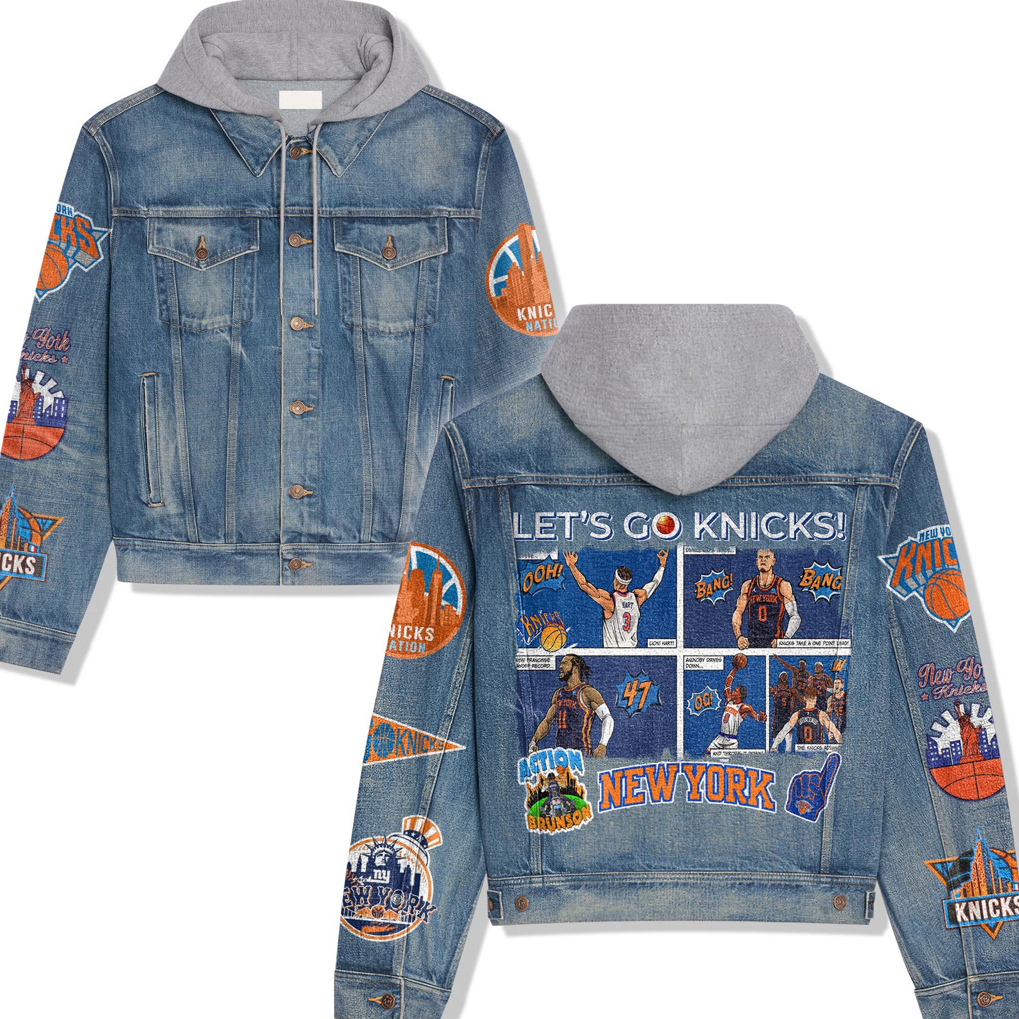 New York Knicks NBA Style Hooded Denim Jacket For Fans