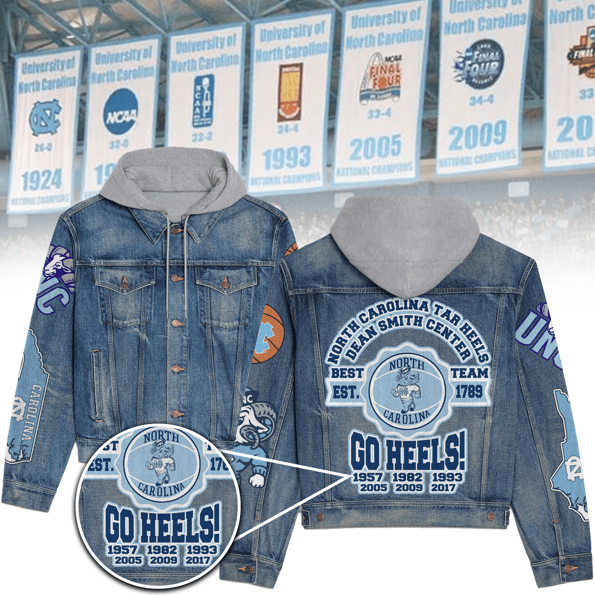 North Carolina Tar Heels NCAA Style Hooded Denim Jacket For Fans