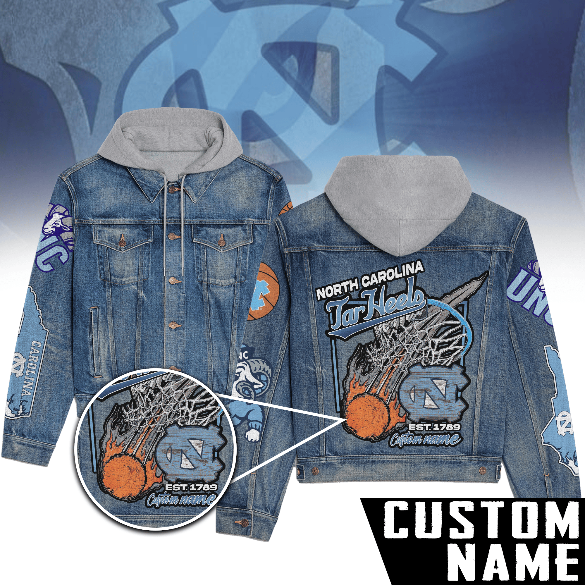 North Carolina Tar Heels NCAA Style Hooded Denim Jacket For Fans
