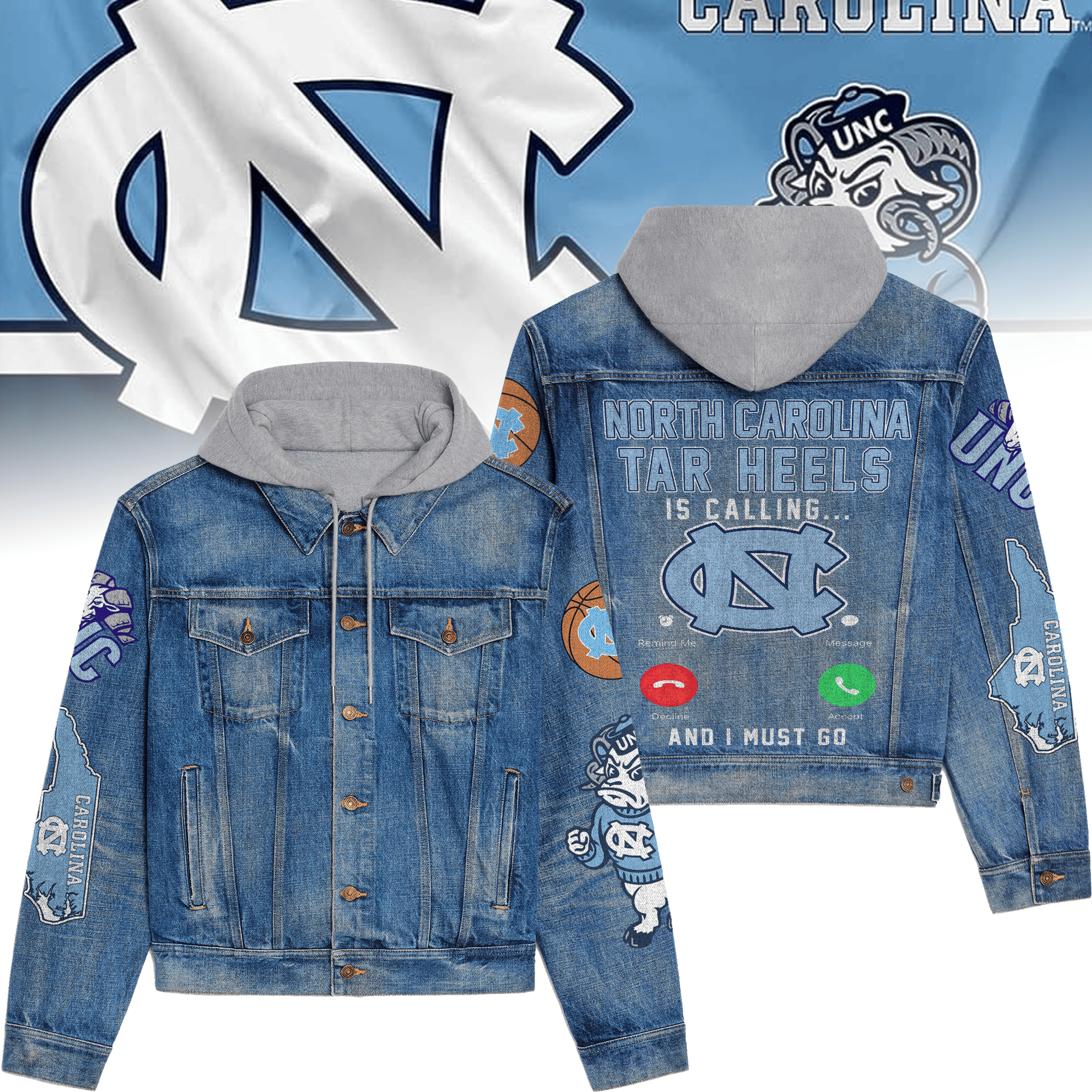 North Carolina Tar Heels NCAA Style Hooded Denim Jacket For Fans