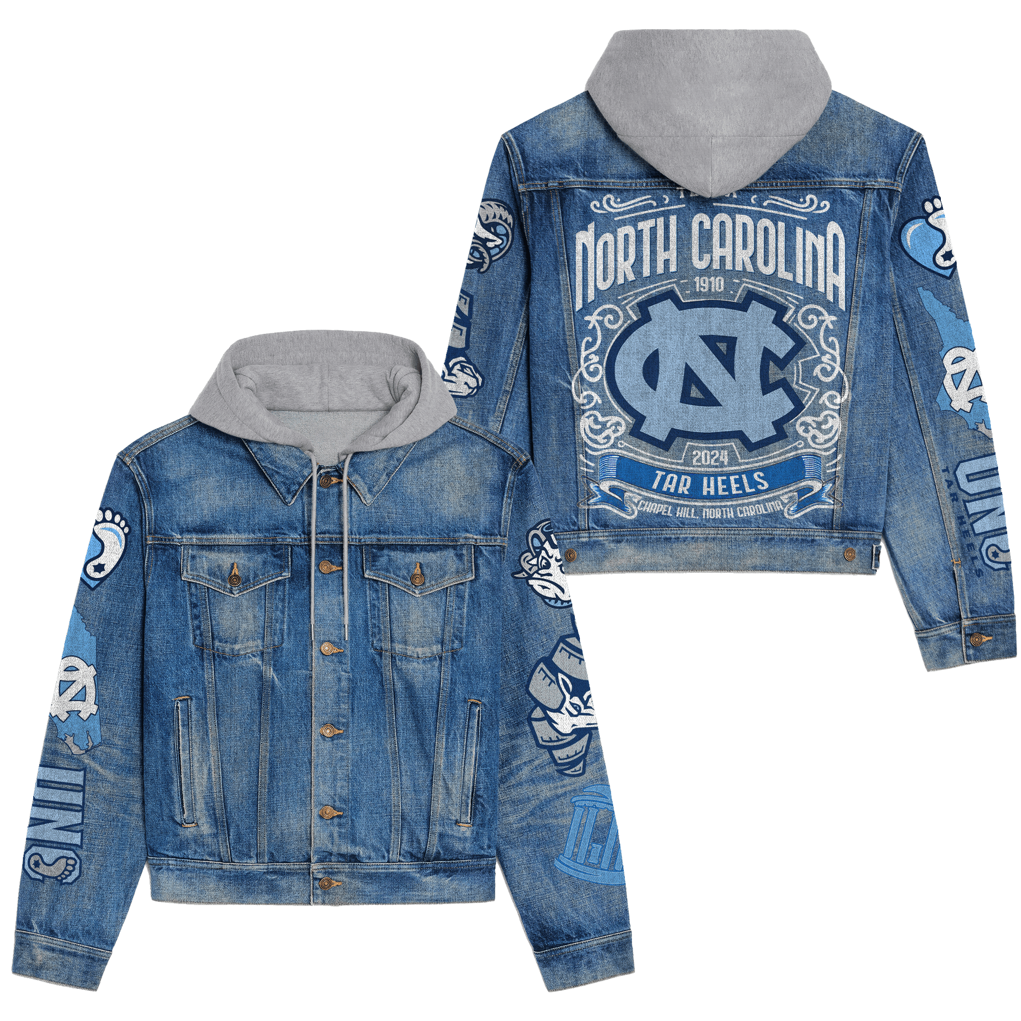 North Carolina Tar Heels NCAA Style Hooded Denim Jacket For Fans