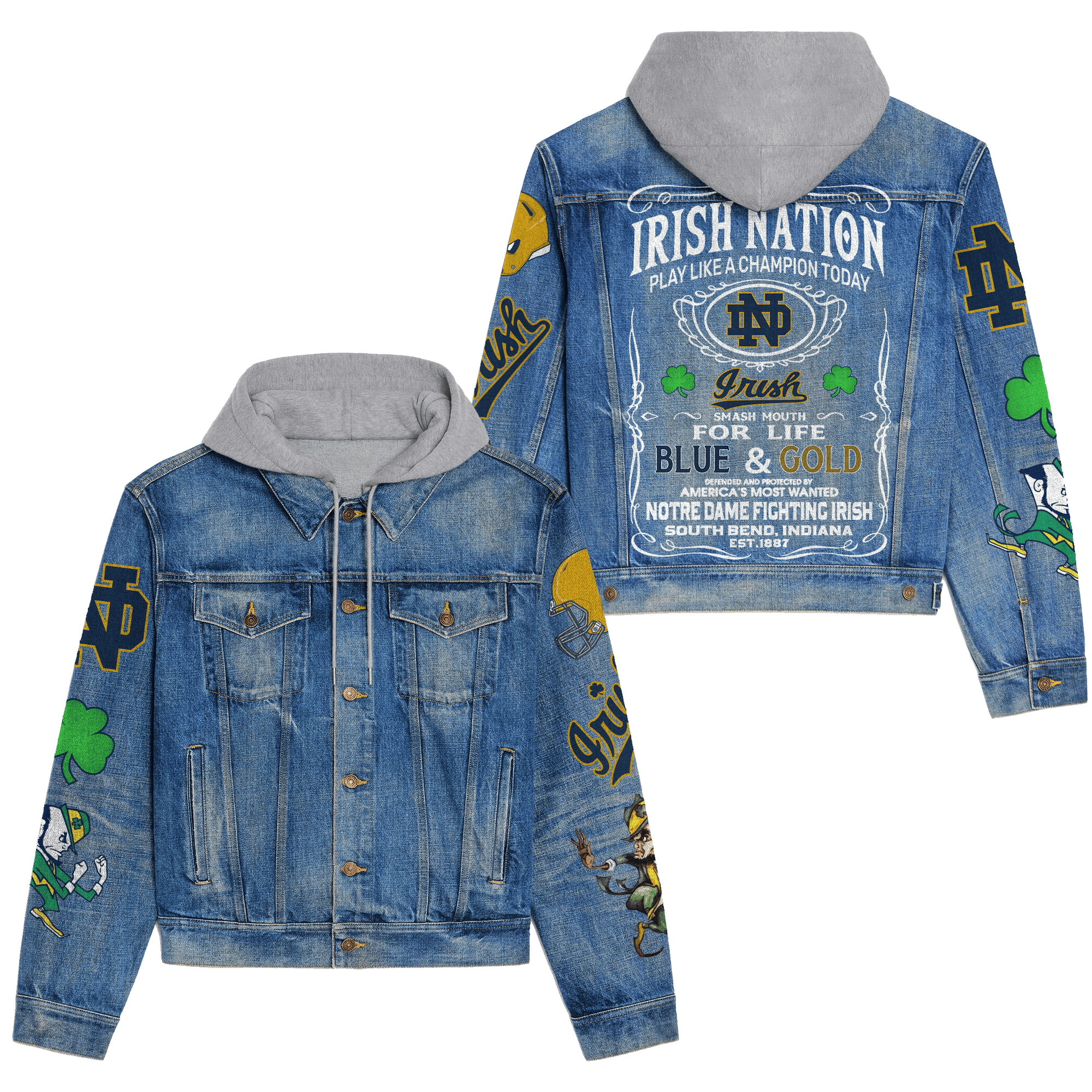 Notre Dame Fighting Irish NCAA Style Hooded Denim Jacket For Fans