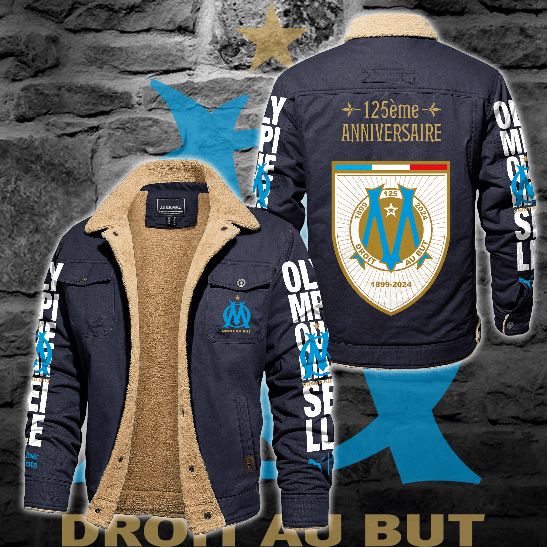 Olympique de Marseille Ligue 1 Style Fleece Thermal Cotton Jacket For Fans