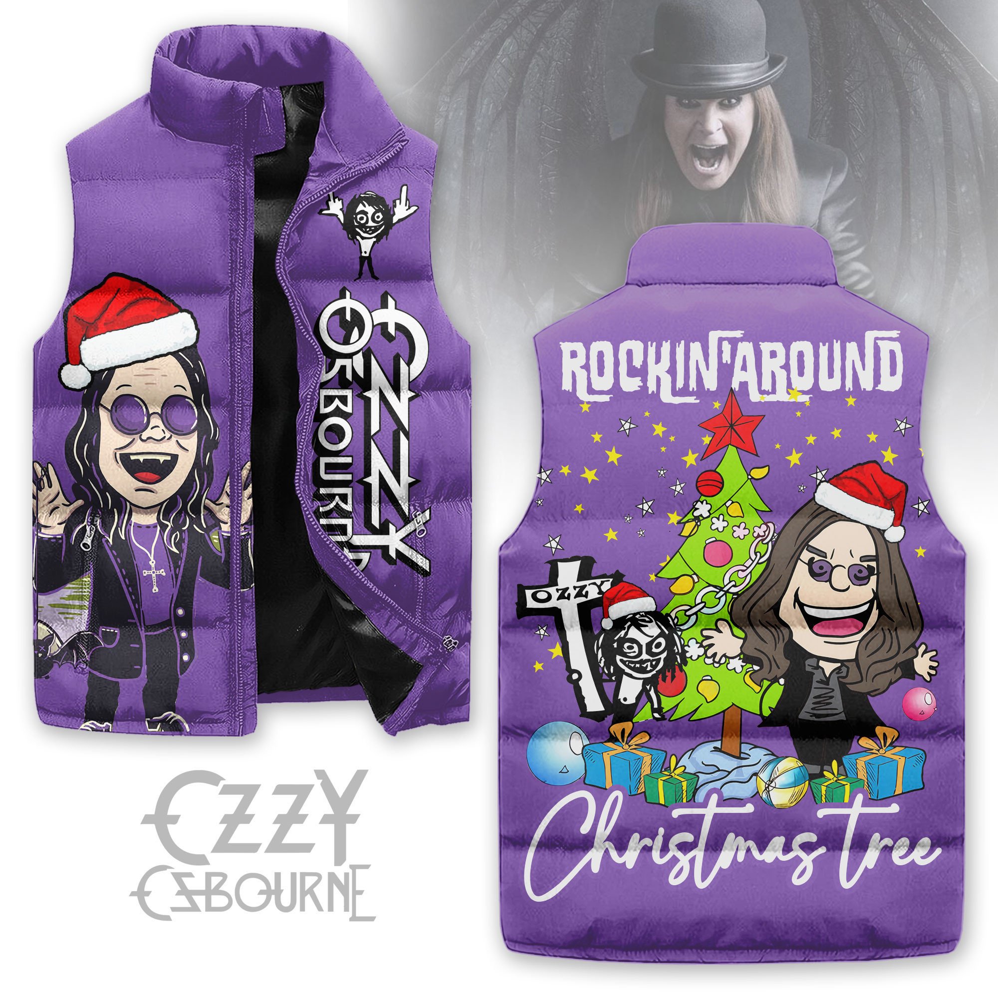 Ozzy Osbourne Music Style Sleeveless Puffer Jacket