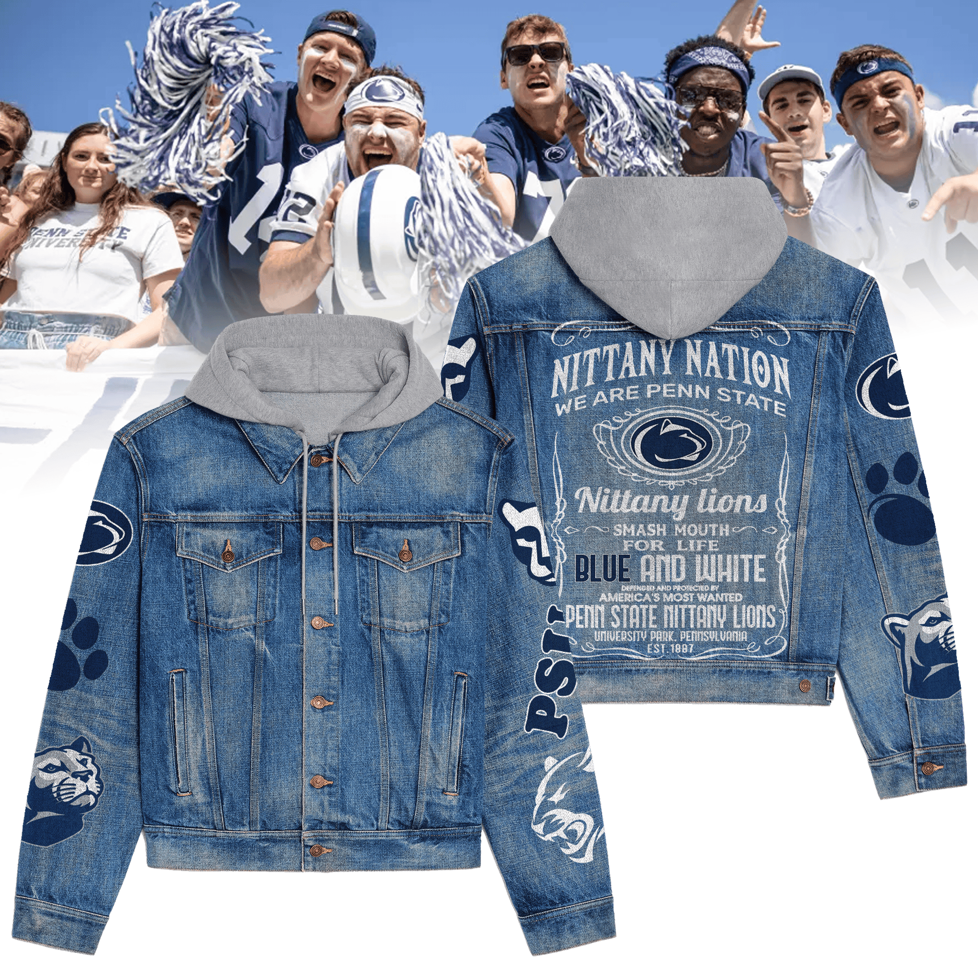 Penn State Nittany Lions NCAA Style Hooded Denim Jacket For Fans