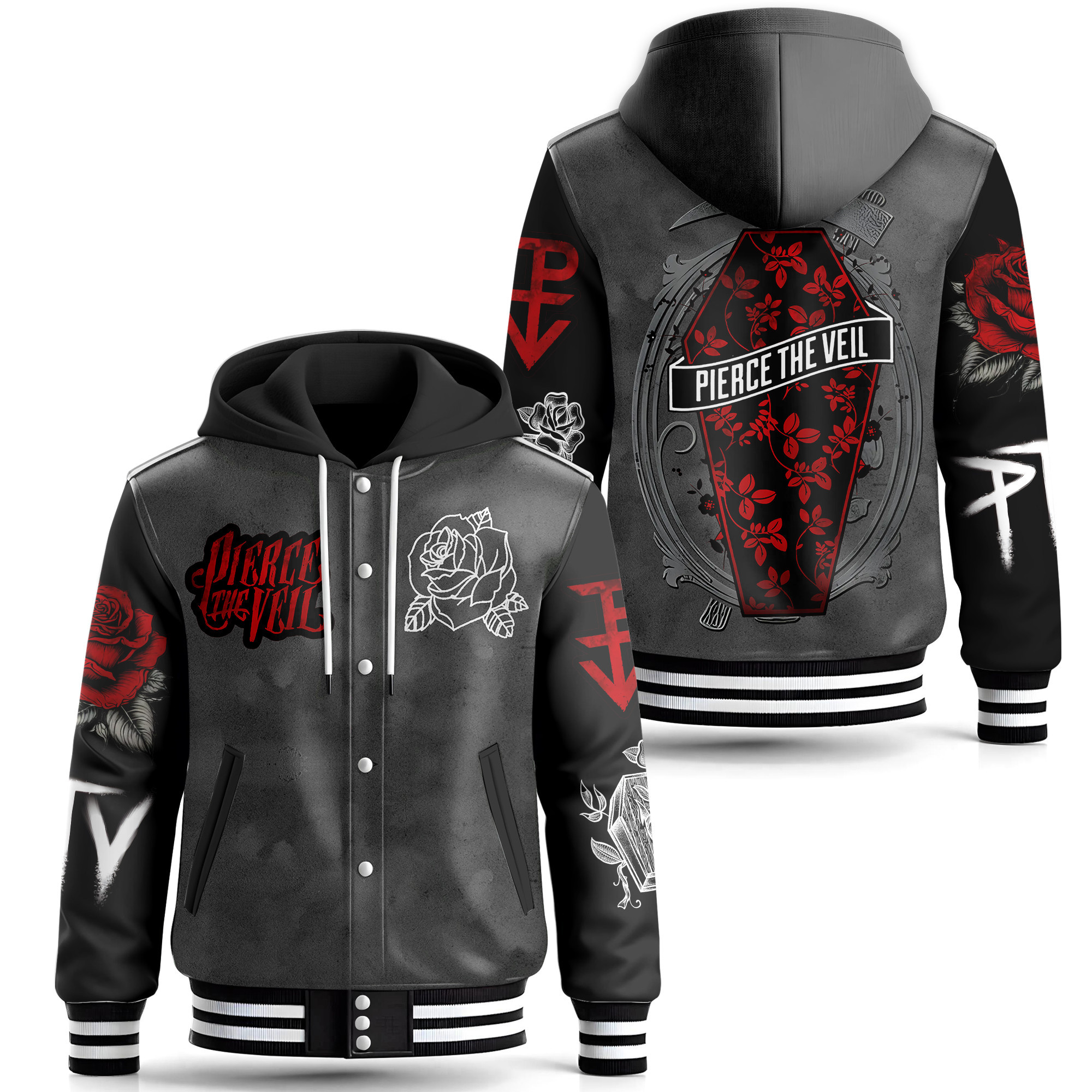 Pierce The Veil Music Style Leather Baseball Jacket With Hooded For Fans