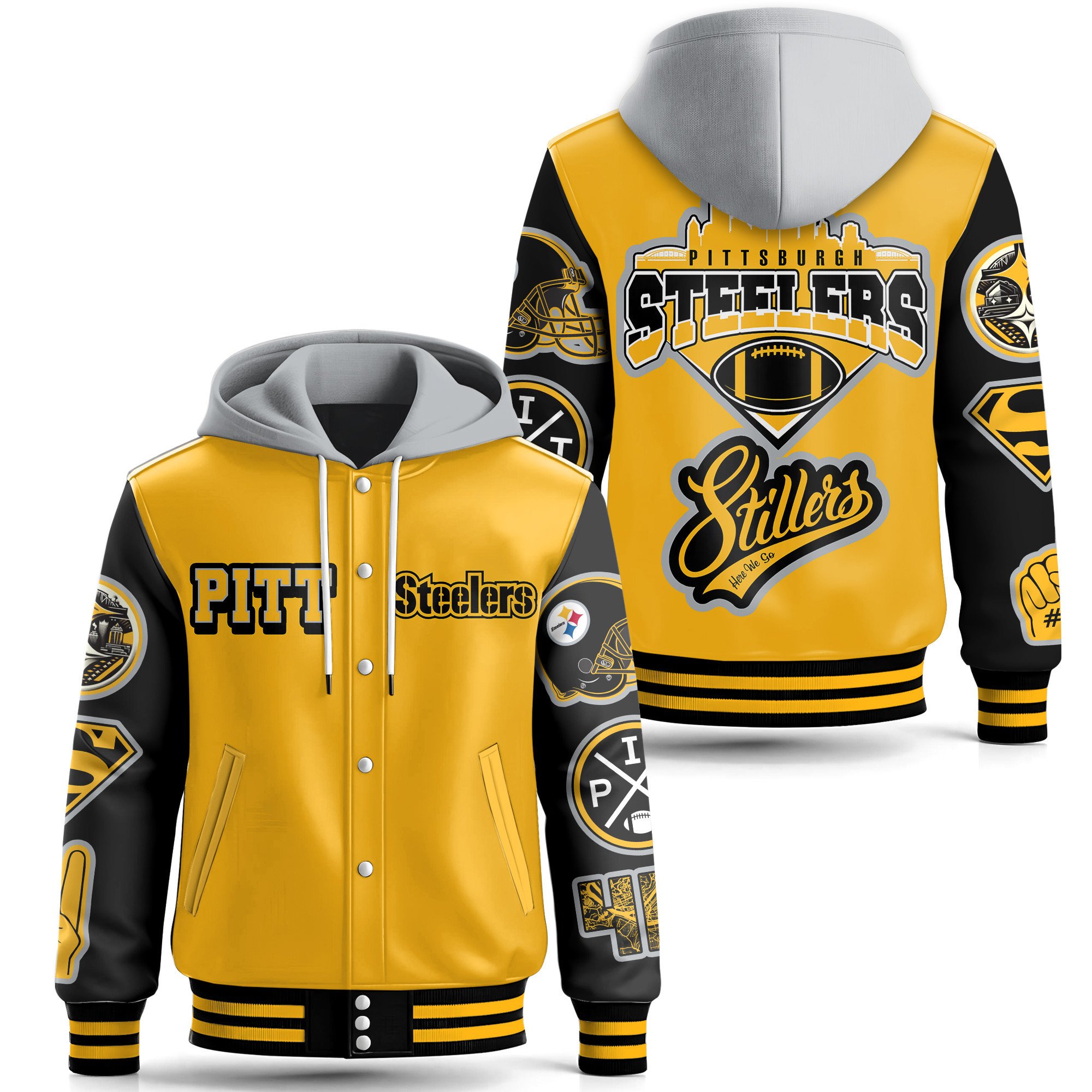 Pittsburgh Steelers NCAA Style Leather Baseball Jacket With Hooded For Fans