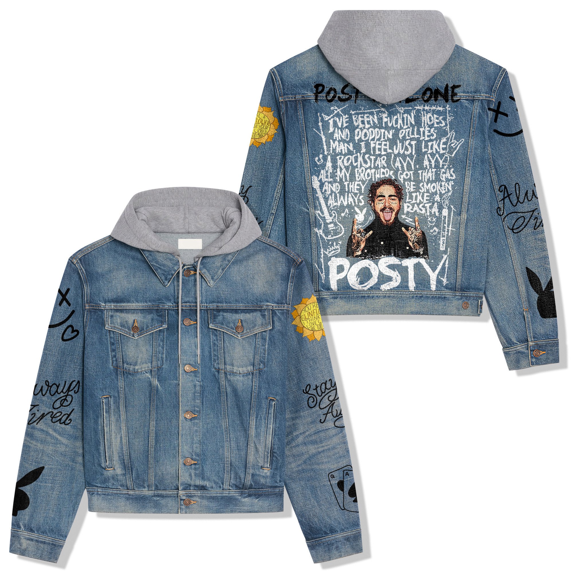 Post Malone Music Style Hooded Denim Jacket For Fans