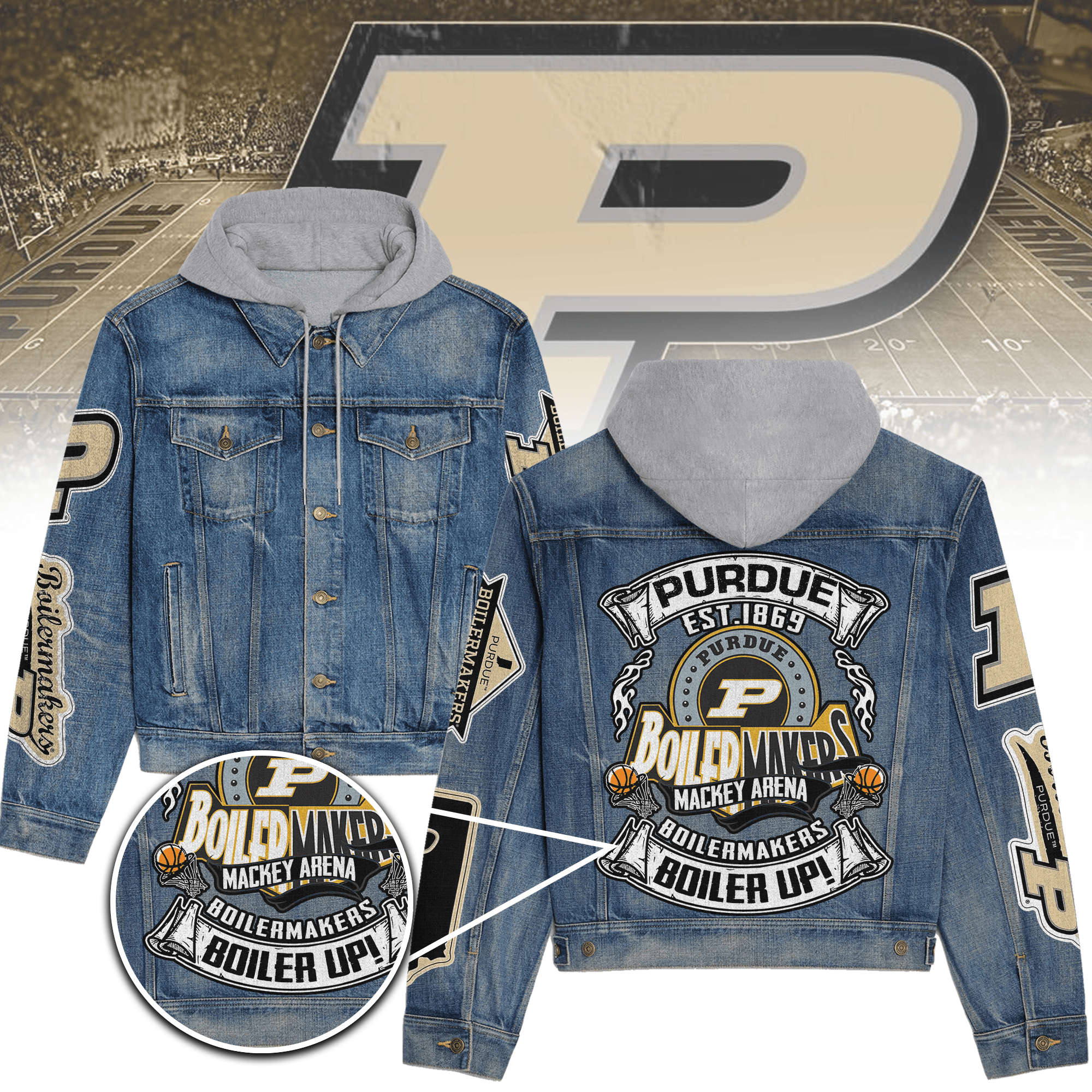 Purdue Boilermakers NCAA Style Hooded Denim Jacket For Fans