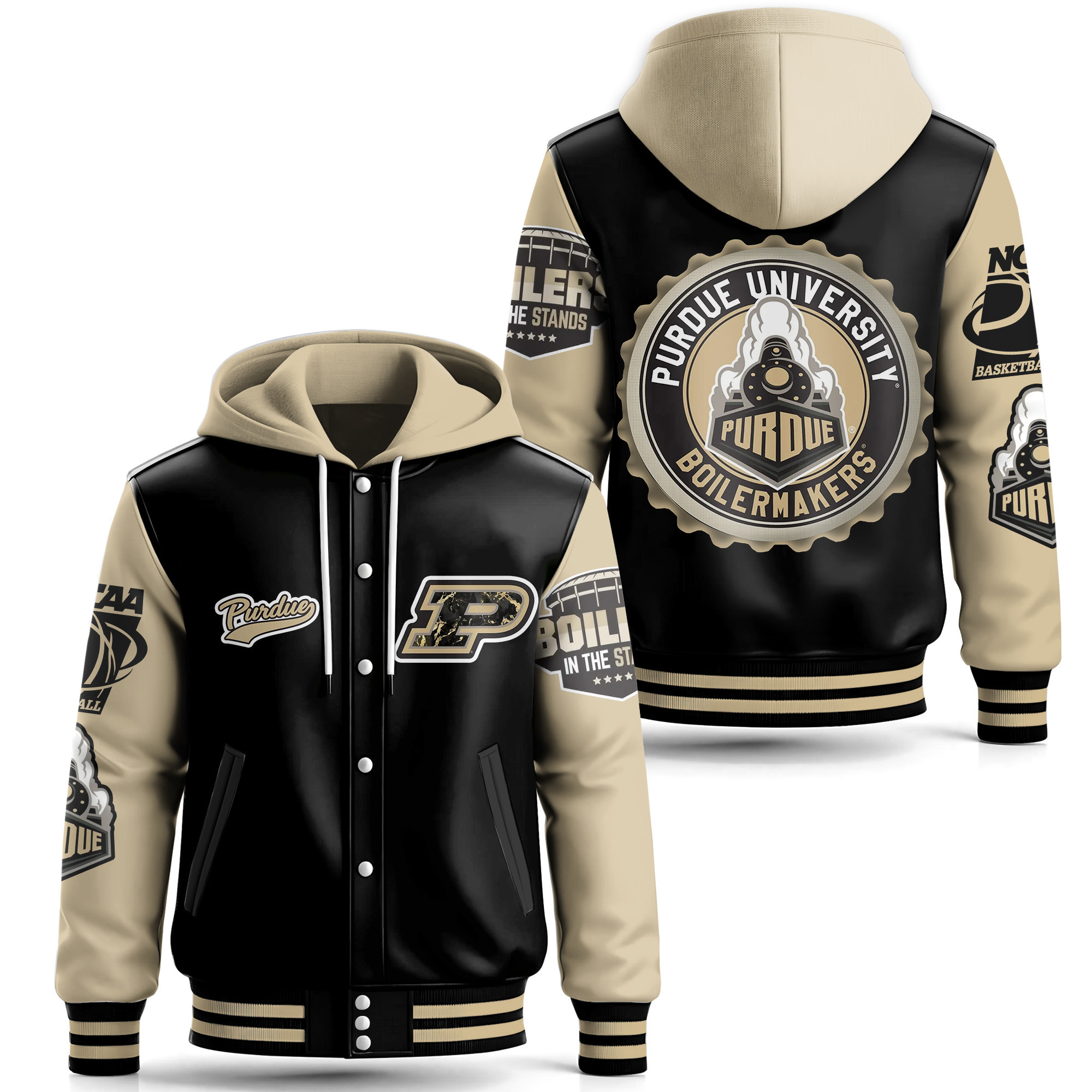 Purdue Boilermakers NCAA Style Leather Baseball Jacket With Hooded For Fans