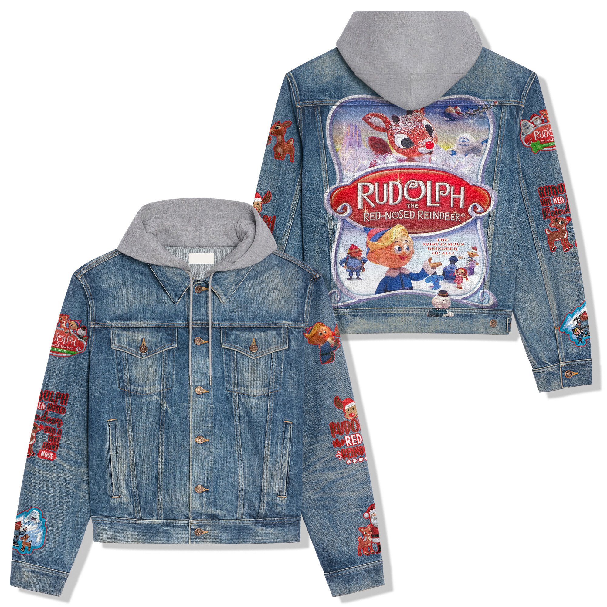 Rudolph the Red-Nosed Reindeer Cartoon Style Hooded Denim Jacket For Fans