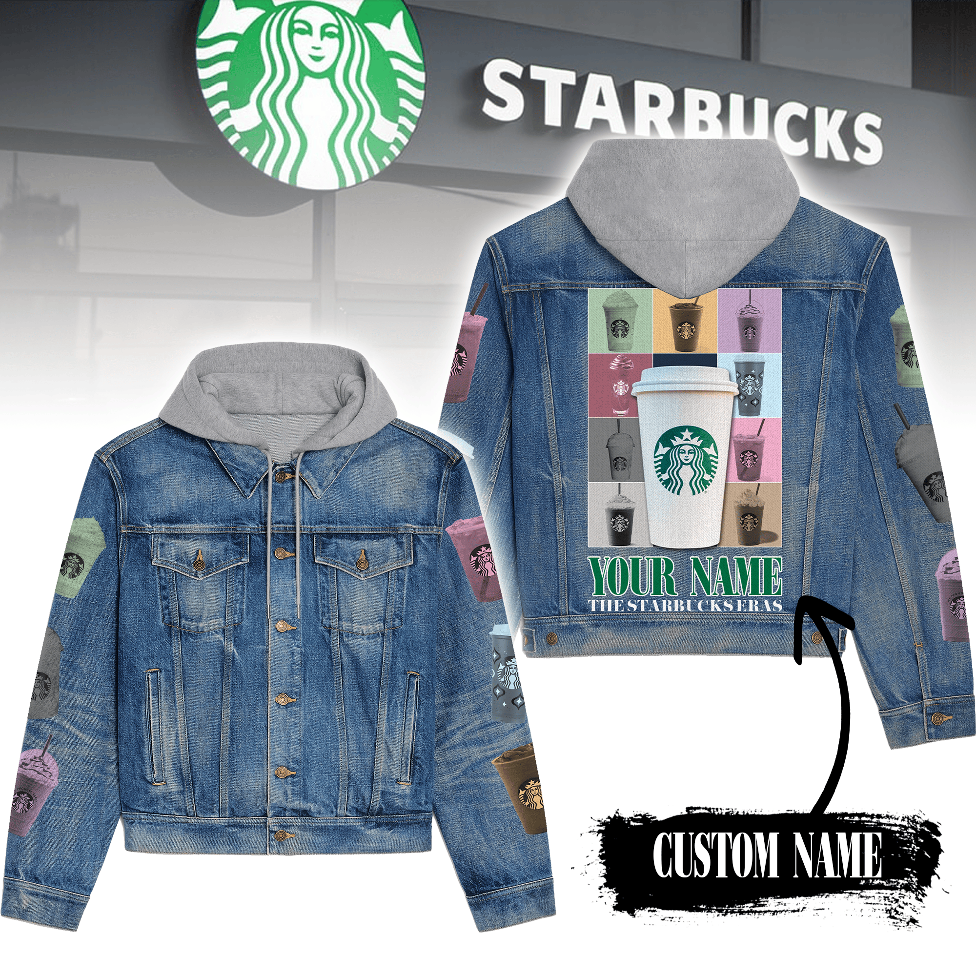 Starbucks Style Hooded Denim Jacket For Fans