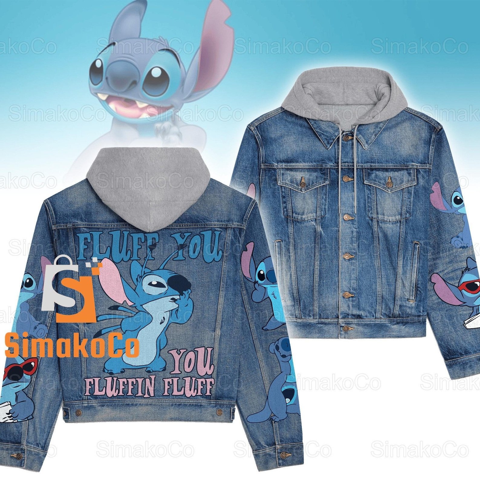 Stitch Cartoon Style Hooded Denim Jacket For Fans