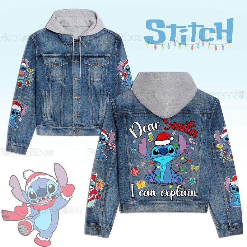 Stitch Cartoon Style Hooded Denim Jacket For Fans