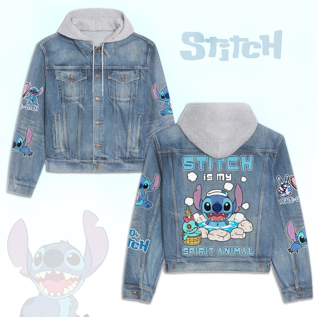 Stitch Cartoon Style Hooded Denim Jacket For Fans