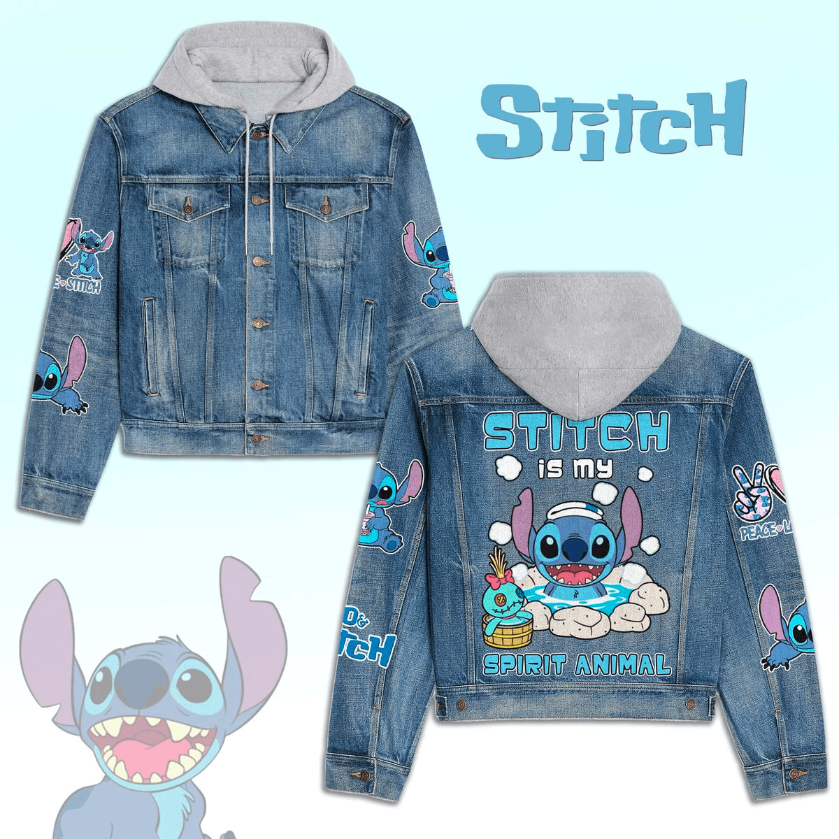 Stitch Cartoon Style Hooded Denim Jacket For Fans