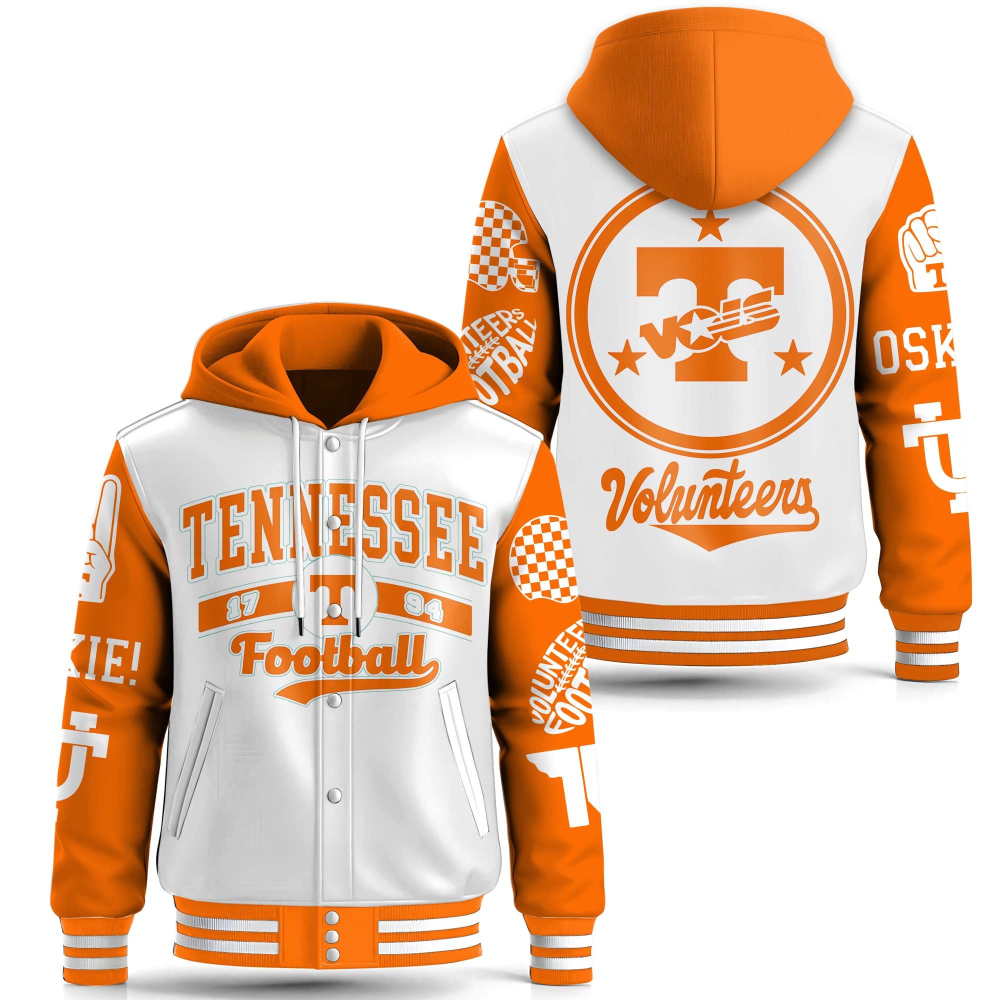 Tennessee Volunteers NCAA Style Leather Baseball Jacket With Hooded For Fans